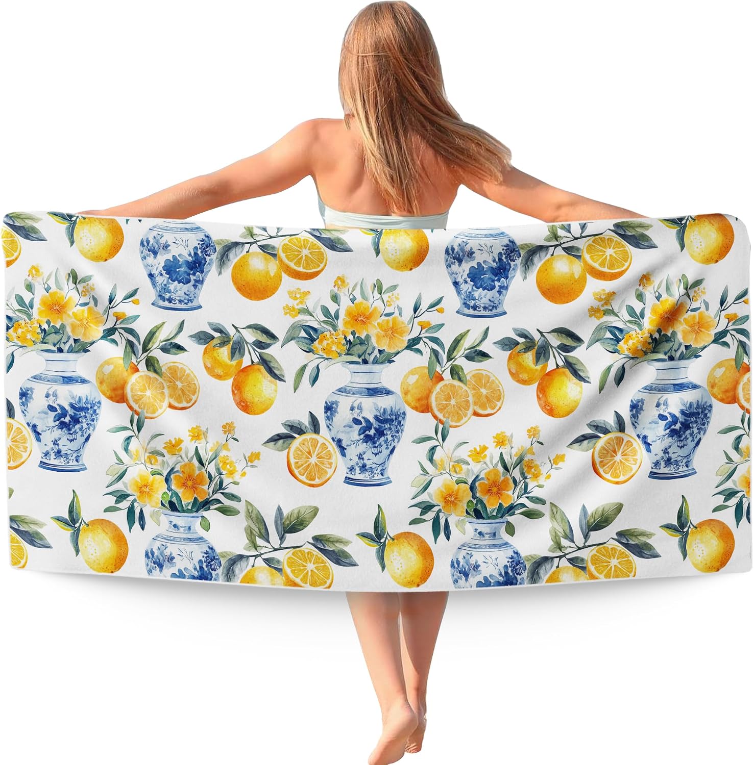 Lemon Italian Amalfi Coast Beach Towel for Women 30x60in | Blue and White Chinoiserie Lemon Microfiber Lightweight Thin Quick Dry Sand Free Beach Towels Decor for Pool Travel Camping
