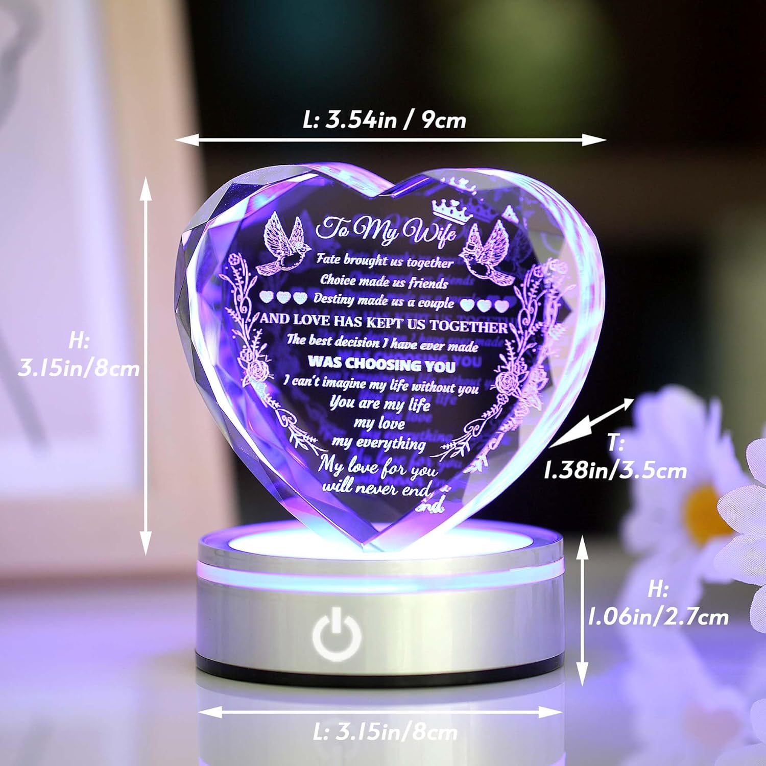 Gifts for Wife Crystal with Colorful LED Base, Anniversary Birthday Gifts for Women, I Love You Gifts for Her Wife Birthday Gift Ideas, Crystal Keepsakes Romantic Gifts for Valentine's Day