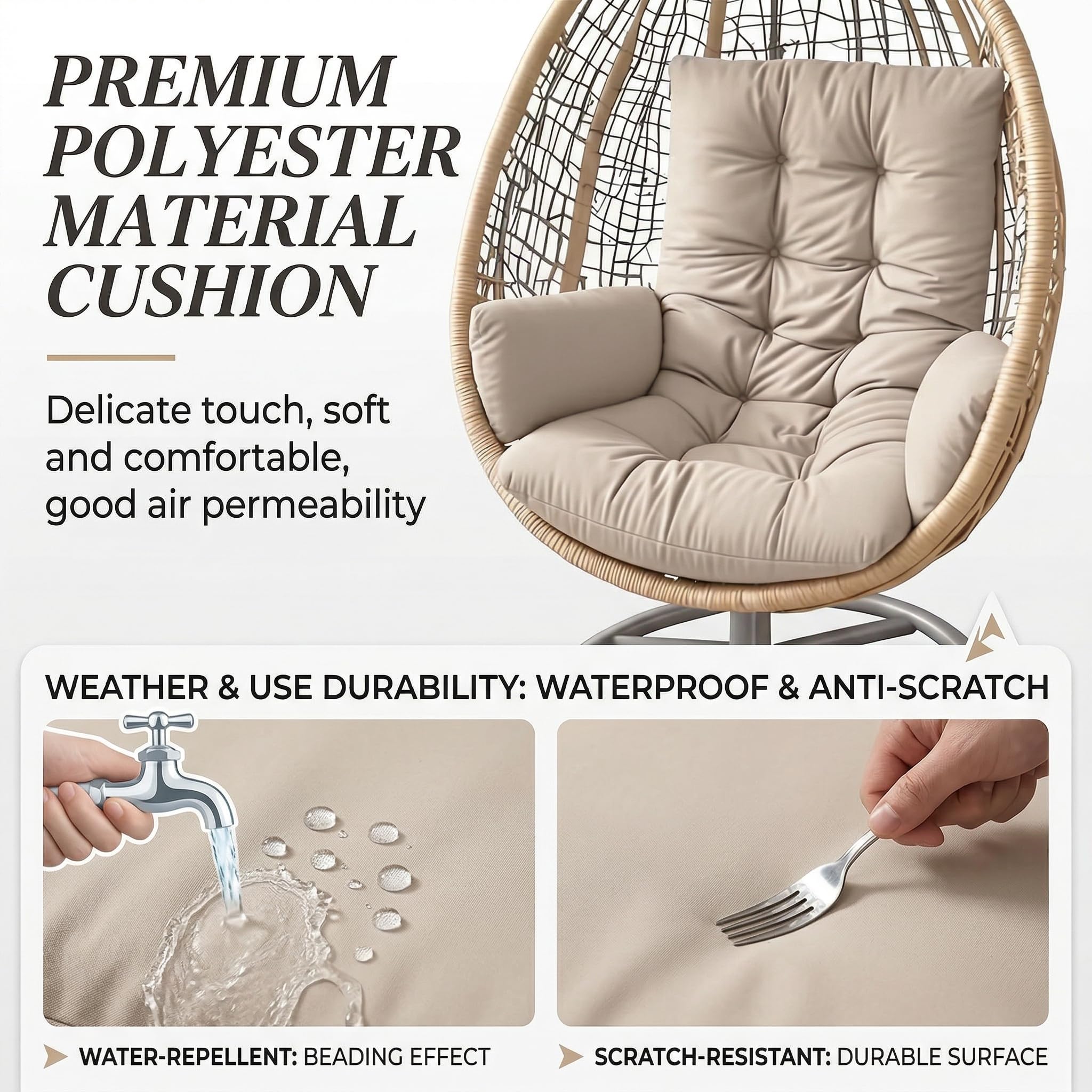 Generico Cuscino per Poltrona Sospesa Esterno in Poliestere Impermeabile, Imbottitura PP Cotton Alta Densità, Seduta Ergonomica per Altalena e Giardino, Ricambio Universale,Cachi