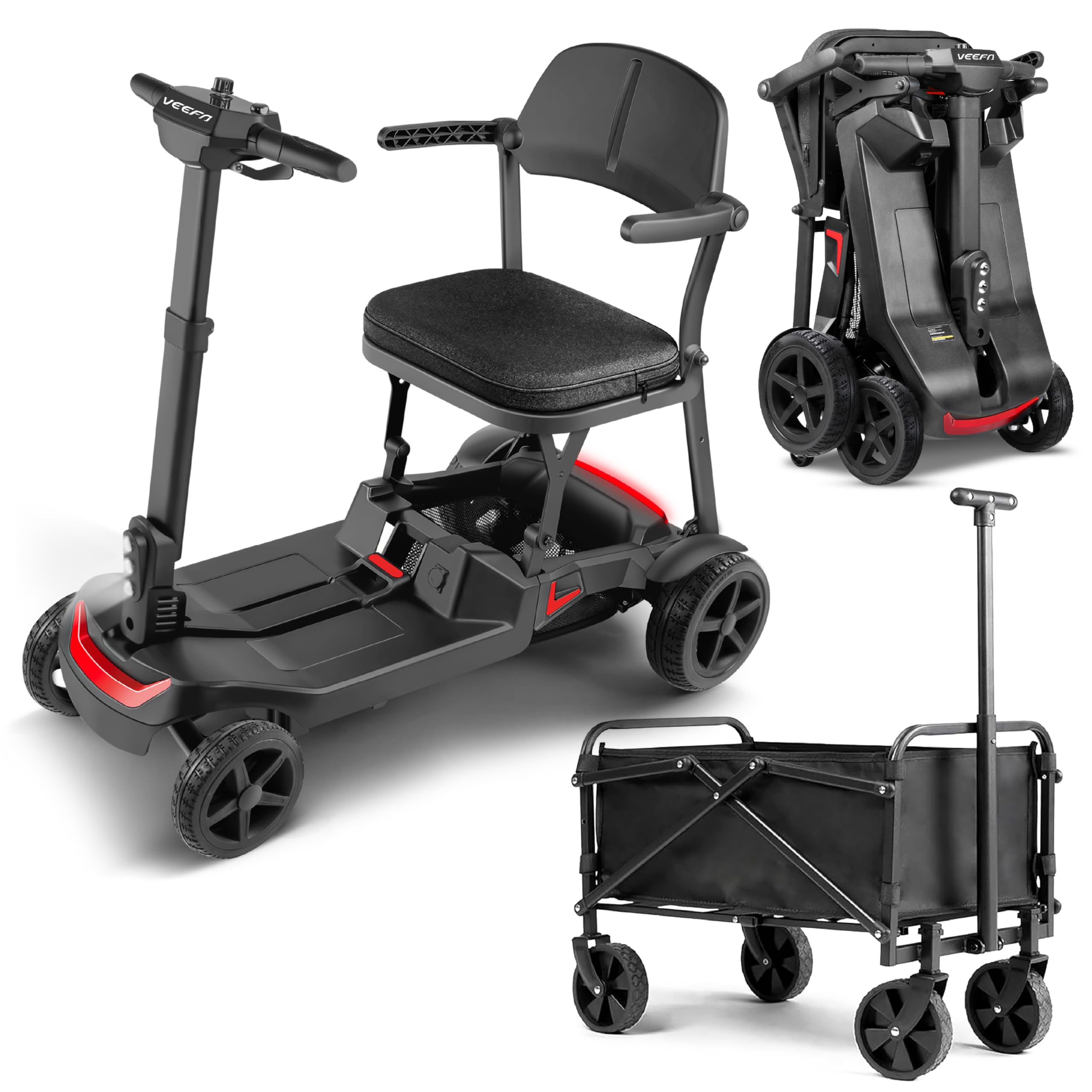 VEEFA Seniorenmobil 4 Rad, 17kg Leichtbau Doppelbatterie 36km Reichweite 6km/h, Elektromobil Klappbar Aluminium für Auto/Flugzeug/Bahn, 122kg Tragkraft, Tragbar Mobility Scooter für Senioren