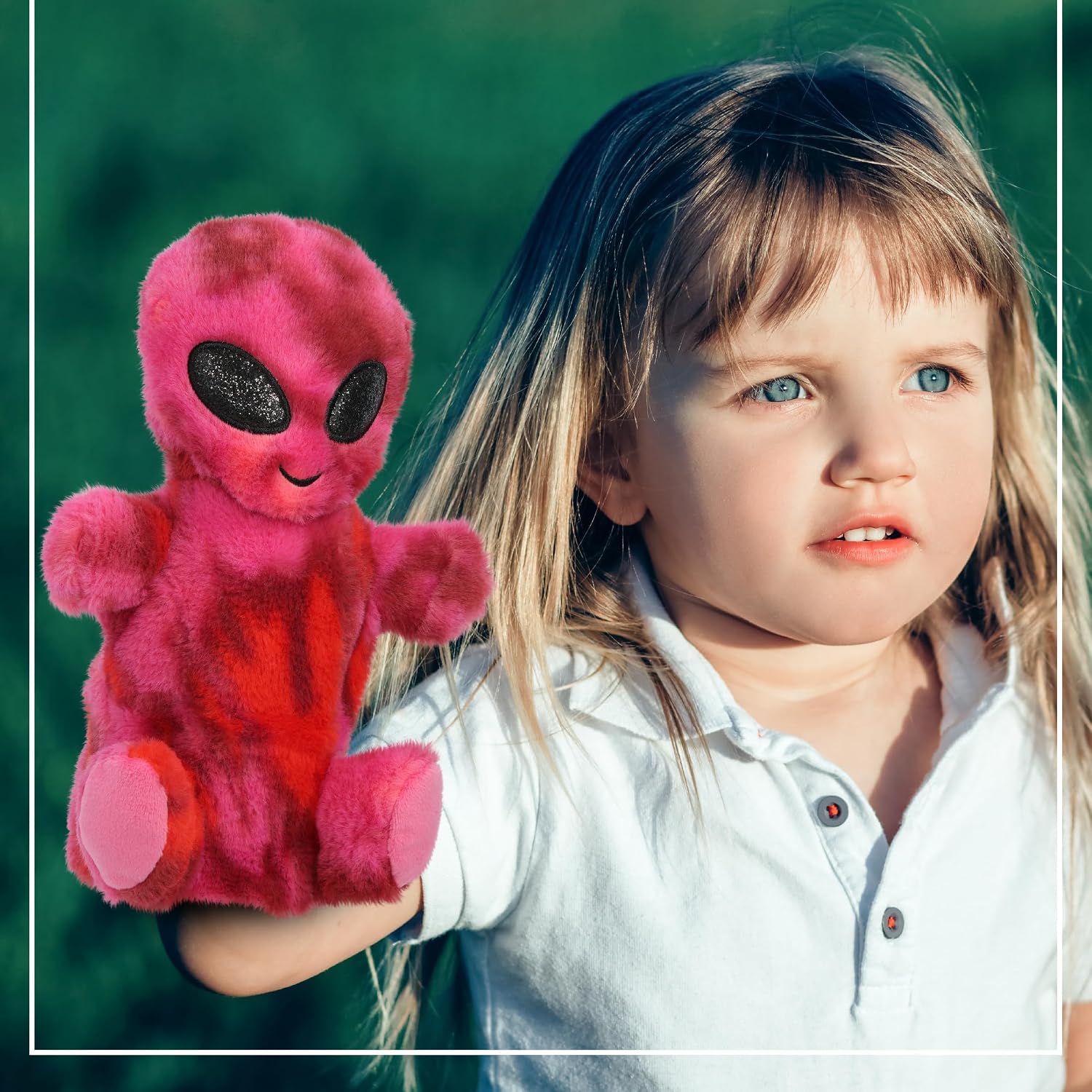 DolliBu Pink Tie-Dye Alien Plush Hand Puppet - Fluffy Stuffed Doll Hand Puppet Toy for Fun Theater Show Games, Cute Puppets for Educational Toy to Teach Children and Toddlers - 10 Inches