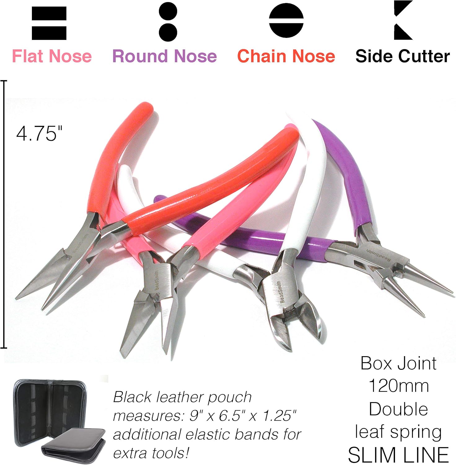 The Beadsmith Color-ID Set – 4.75”, 4-Pieces Includes: Chain Nose, Round Nose, Side Cutter, Flat Nose, & Leatherette Case – Double Leaf Spring, PVC Comfort Handle – Tools for Jewelry Making
