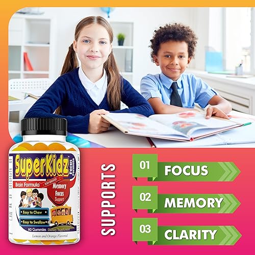Miniatura 2 de Superkids Kids Focus Gummies - Omega 3 DHA para niños, salud cerebral y apoyo de la memoria, vitaminas gomosas sin OMG para niños, sabroso limón y