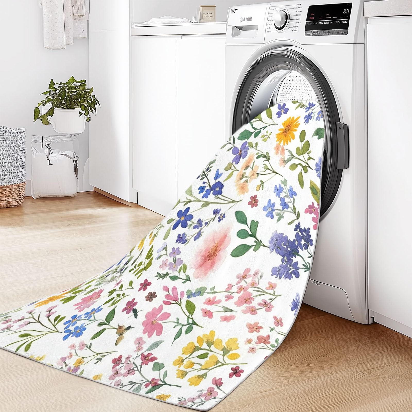 Tapis de Salon 80x150 cm Antidérapant Lavable en Machine Motif Aquarelle Fleurs Sauvages