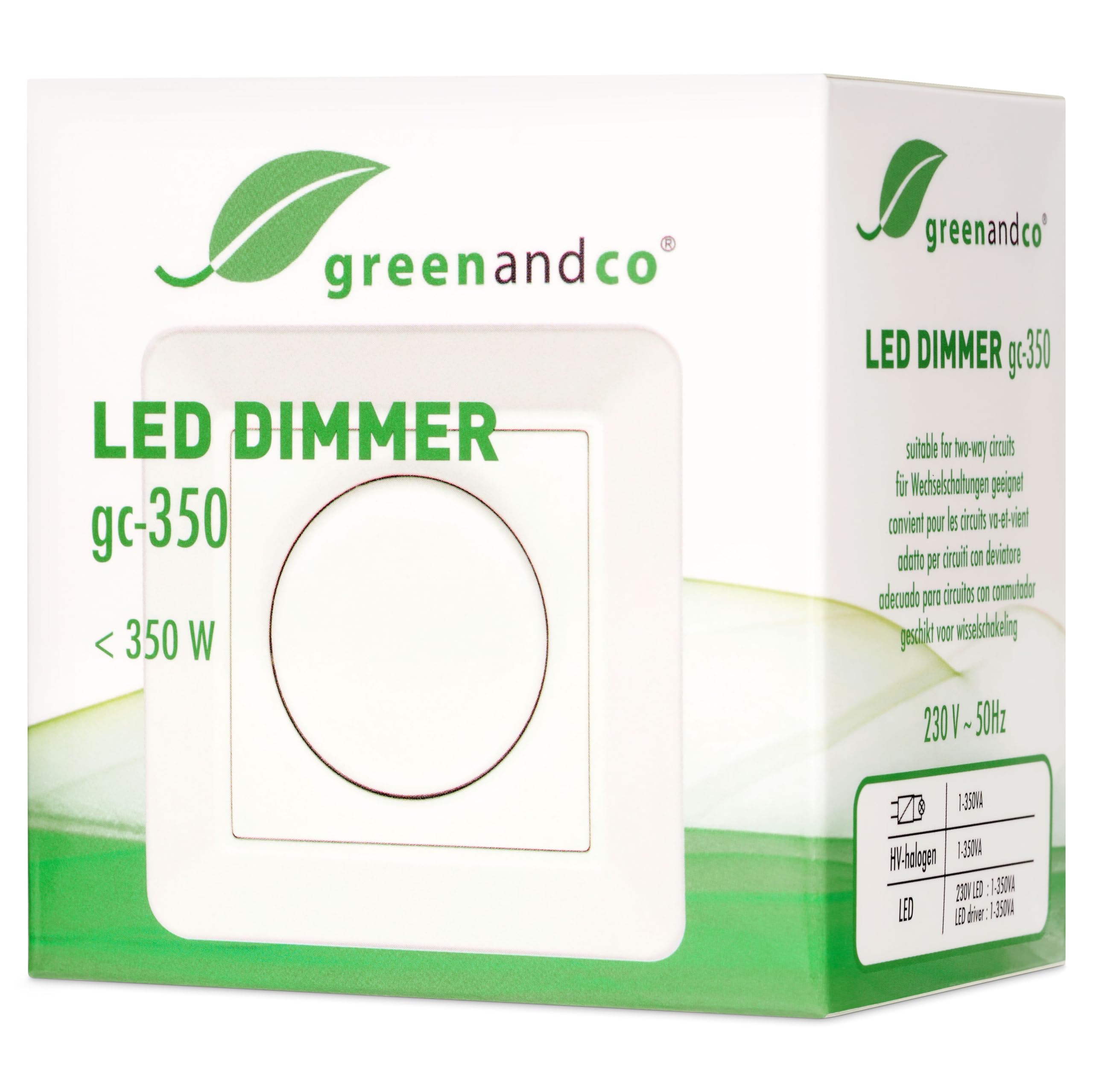 greenandco gc-350 regulador de intensidad LED giratorio | 1-350 W | también adecuado para circuitos con conmutador | función de disparo programable | empotrable | blanco