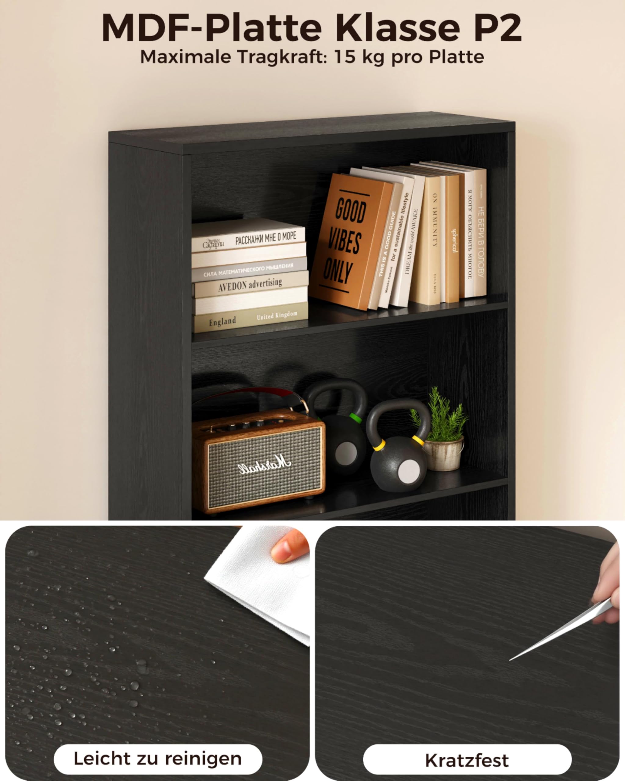 IRONCK Bücherregal mit Türen, Standregal mit 6 Ebenen, Holz Regal mit Türen, Bücherschrank, offenes Aufbewahrungsregal für Arbeitszimmer, Büro, Wohnzimmer, Schlafzimmer 180 x 60 x 23.5cm (schwarz)