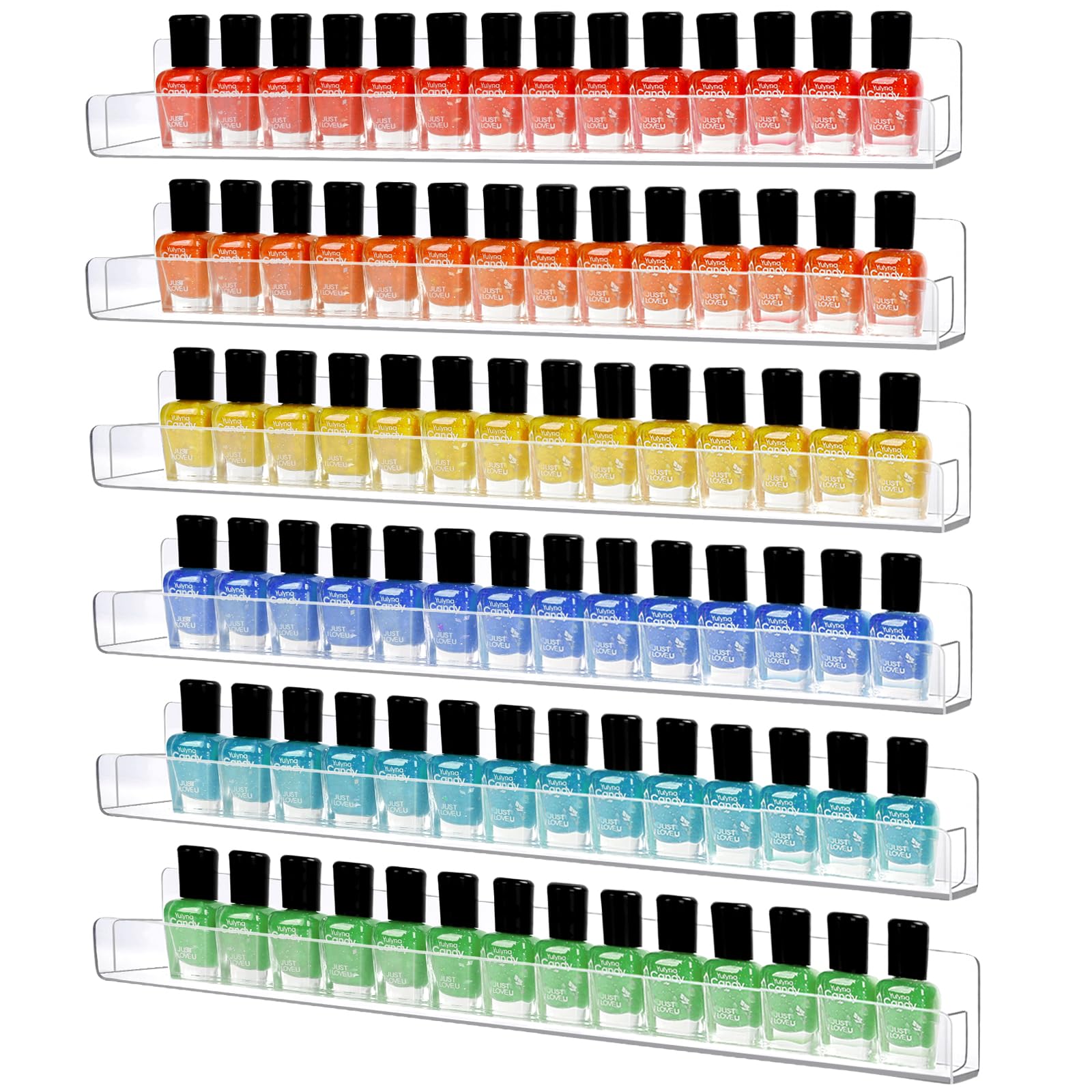 AumVum 6 Pack Nail Polish Organizer Wall Mounted Shelf with Removable Anti-Slip End Inserts, Paint Rack Acrylic Organizers Display for Wall, Nail Polish Rack Displays 90 Bottles, 15 Inch