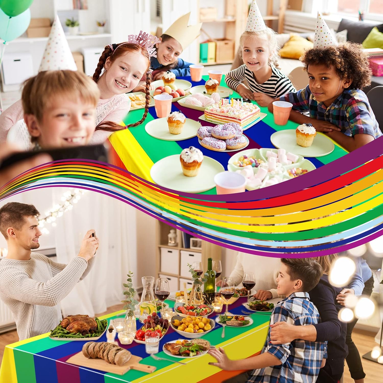 Breling Bulk Rainbow Tablecloth Carnival Pride Disposable Plastic Tablecloth Rectangle Rainbow Tablecover Birthday Party Supplies for Carnival Pride Party(6 Pack,108 x 54 Inch)