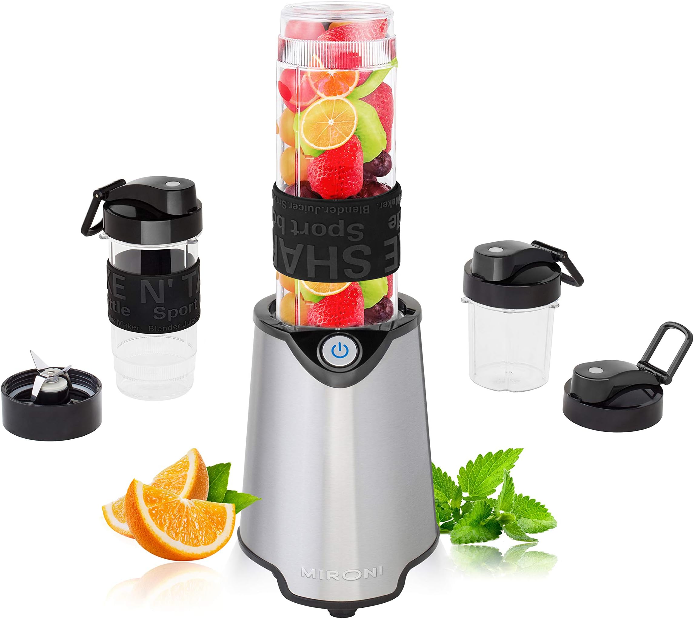 Mironi Personal Smoothie Blender 2-in-1 Single Serve Blender, Mini Bullet Blender 500W With 20 Ounce Tritan Sports Bottle and Grinder Cup for Juices, Shakes, Smoothies and More Stainless Steel