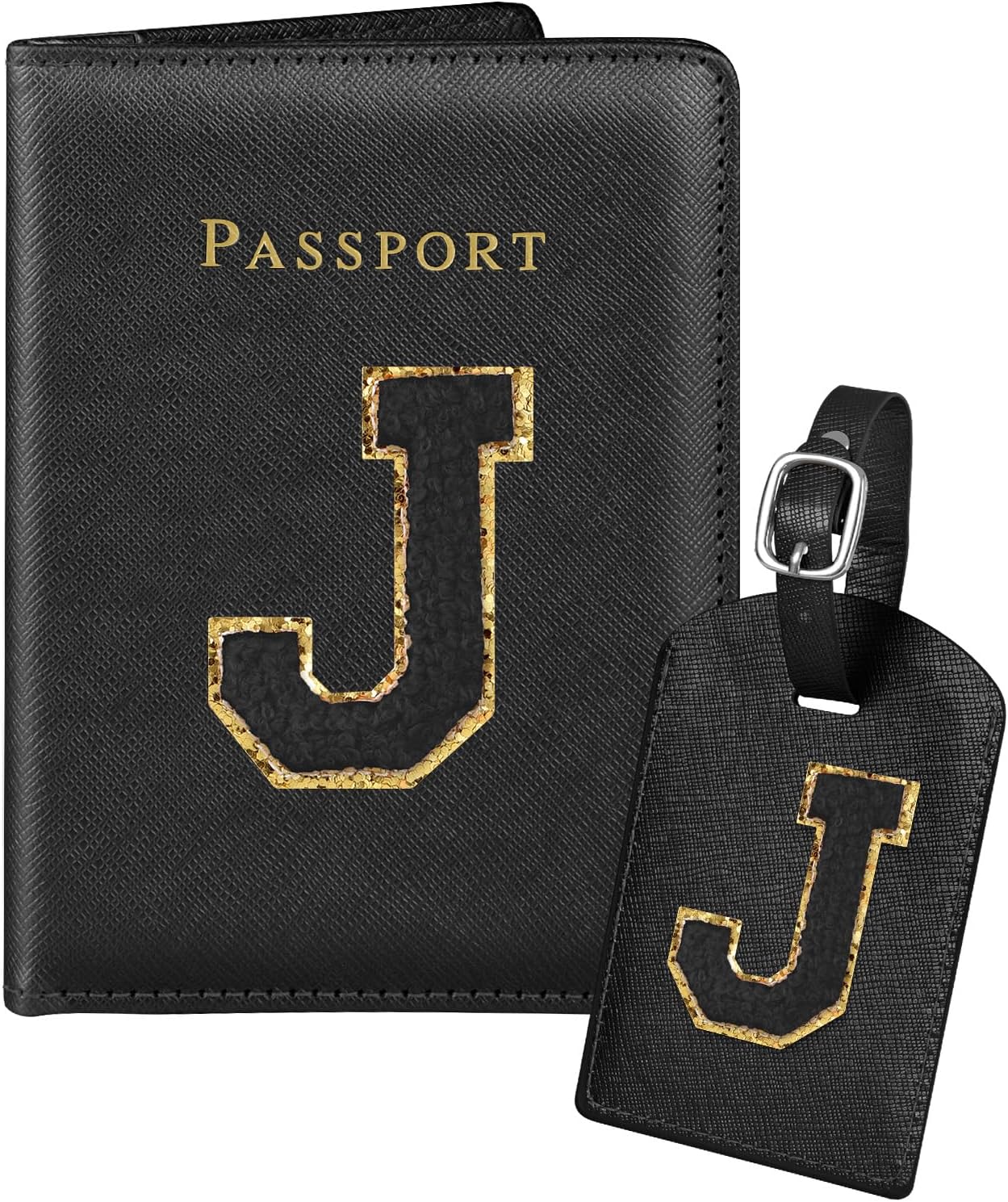 Slohif Passport Holder Initial Lugguage Tag Set Suitcase Cover Wallet Case for Travel Women – Leather Letter Passport Book Personalized Organizer Card Protector Sleeve Essentials Slim Carrier Black J