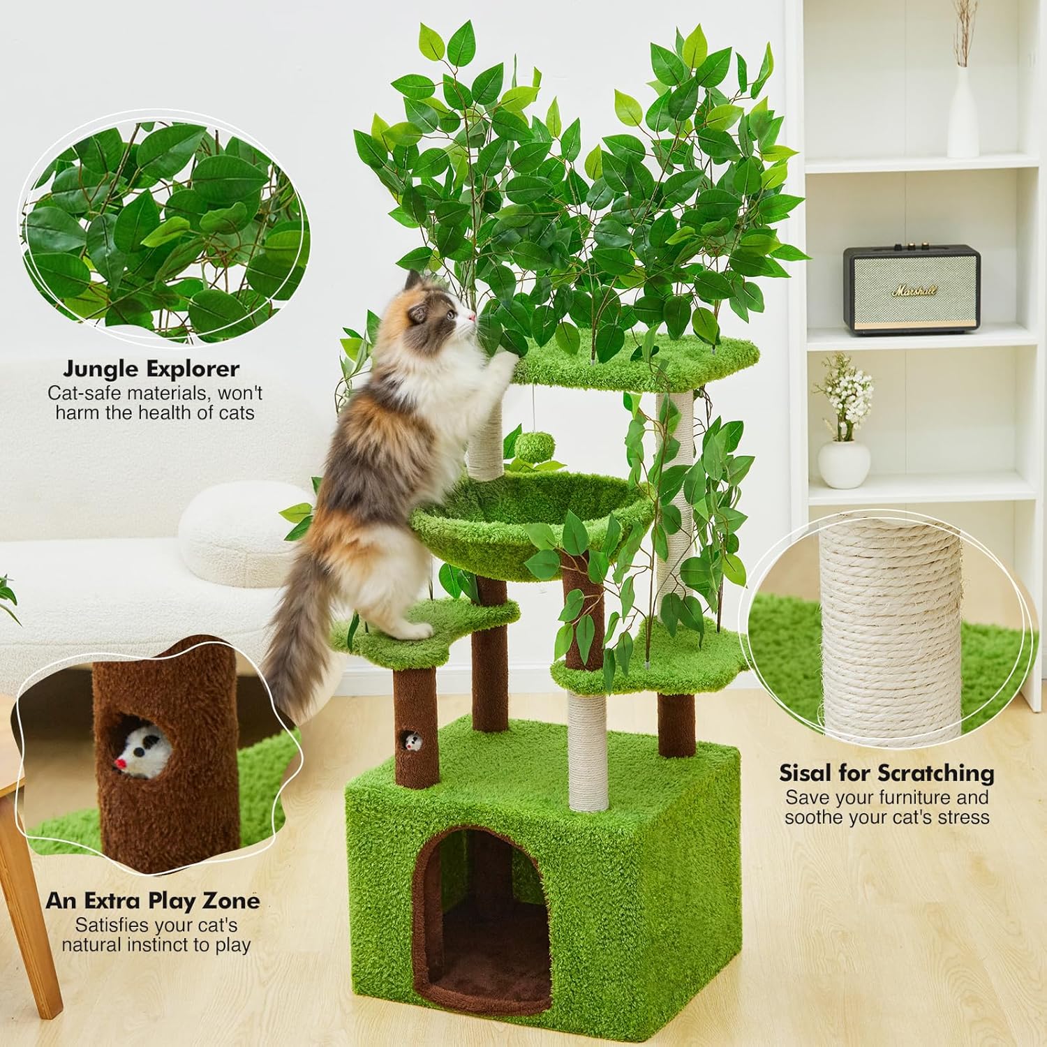 60 inch Cat Tree with Leaves for Climbing, Hiding and Sleeping Cat Tower with Hammock, Scratching Post and Large Cat House