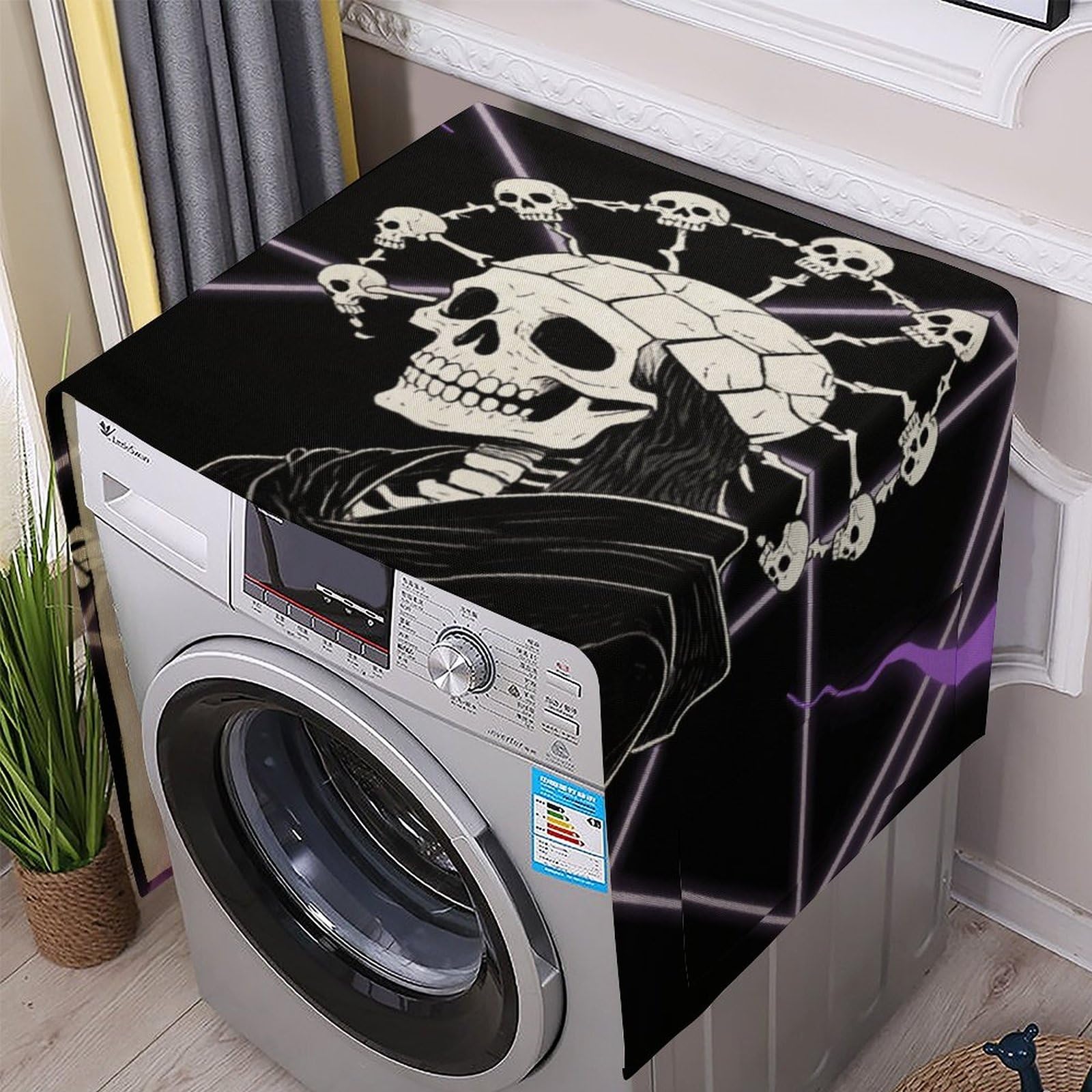 Fodpand White Washing Machine Cover For Top Load Dustproof Skull Headdress Washer And Dryer Cover With Storage Pockets Household Appliance Covers Washable Top Protector Mat Pad For Laundry & Kitchen