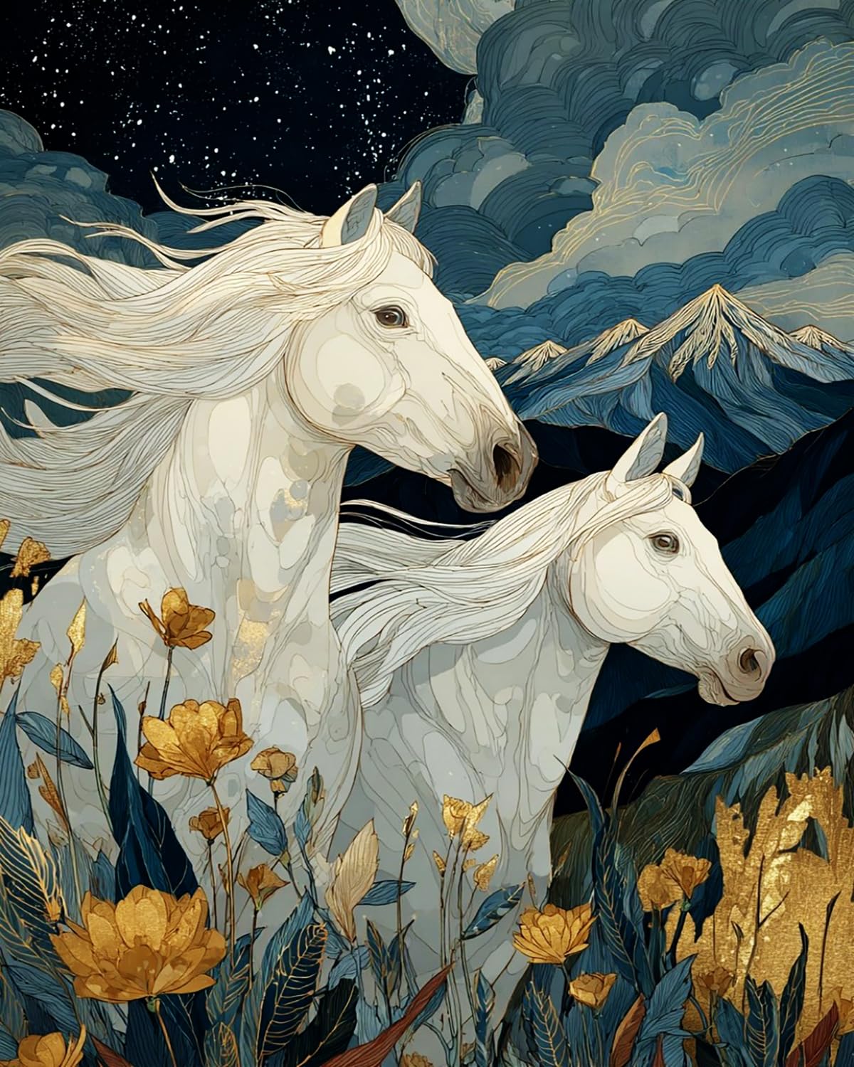 Liubaishi Blue, Gold, White Paint By Numbers For Adults, Two White Horses Under The Starry Night, 16X20 Inch, Acrylic On Canvas