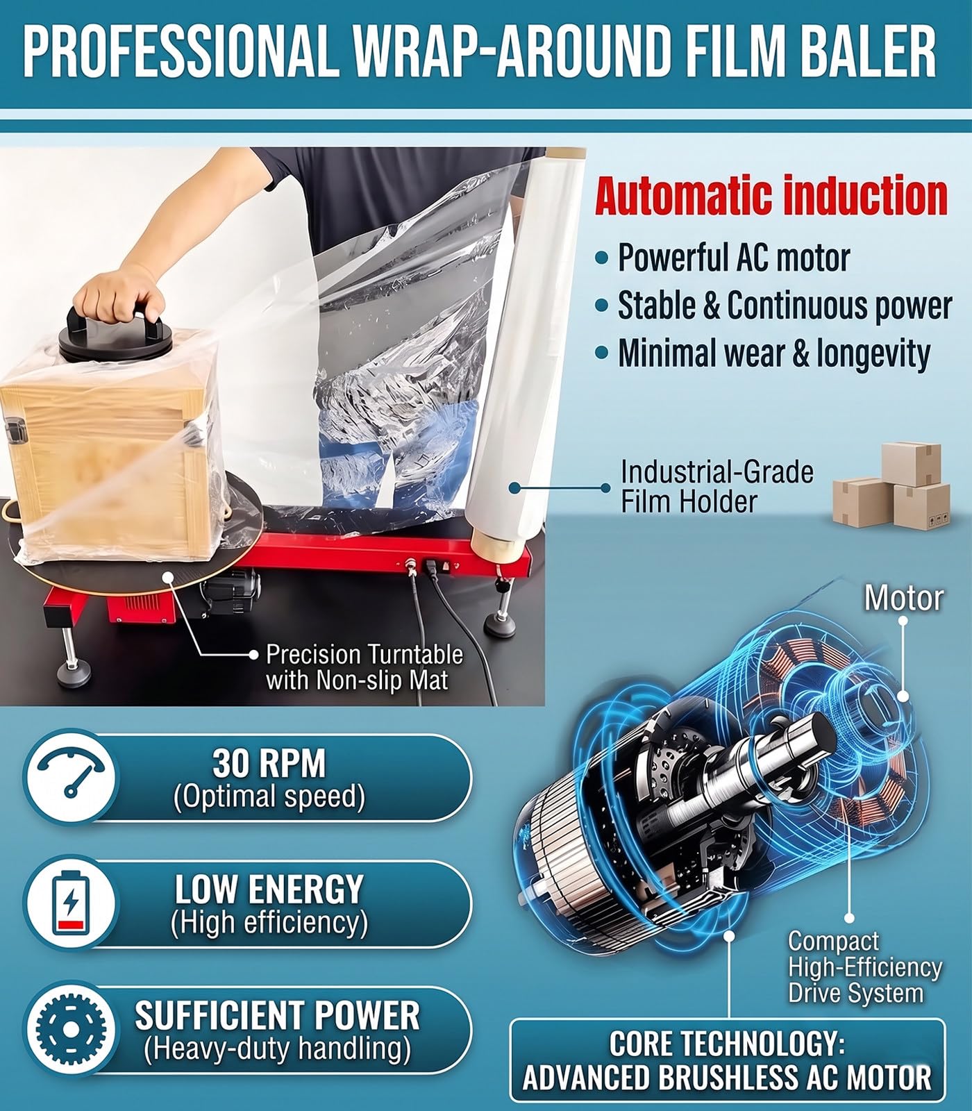 Envolvedora eléctrica de palés con Film Estirable 20cmFilm-220V | Herramienta automática de tensado y flejado con plataforma giratoria de 40 cm, para logística.