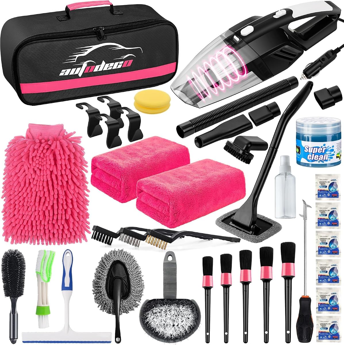 Kit de limpieza de coche de 39 piezas, kit de limpieza de detalles interiores con aspiradora de mano de alta potencia, juego de cepillos, herramienta para parabrisas, plumero, toallas, cepillo para neumáticos, herramientas completas para el cuidado del coche, rosa