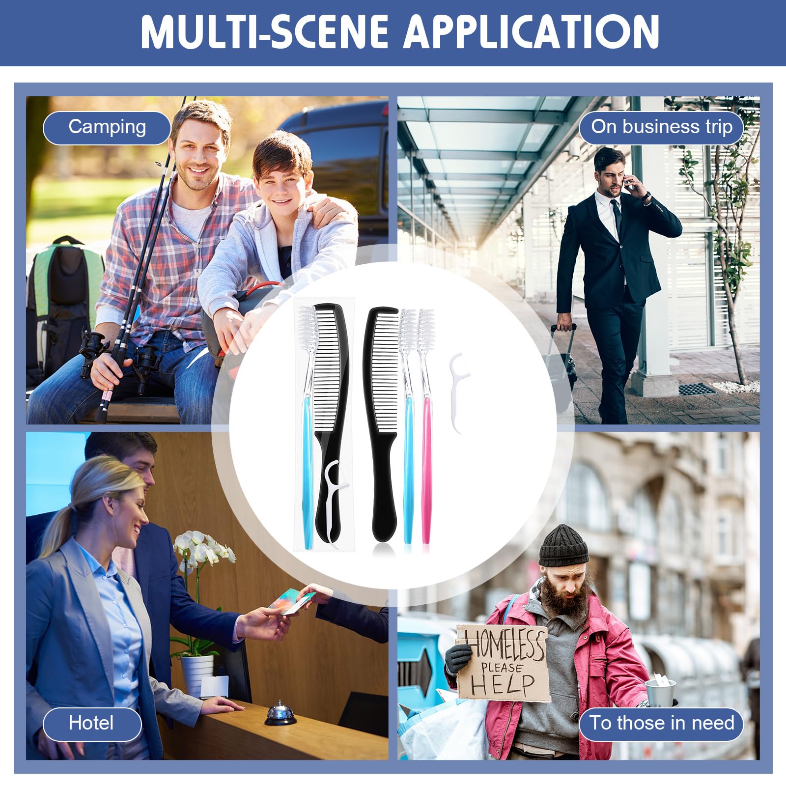 Sawysine Set di 100 spazzolini da denti da viaggio, confezionati singolarmente, usa e getta, con pettine, filo interdentale, per viaggi, hotel, rifugio, casa di cura