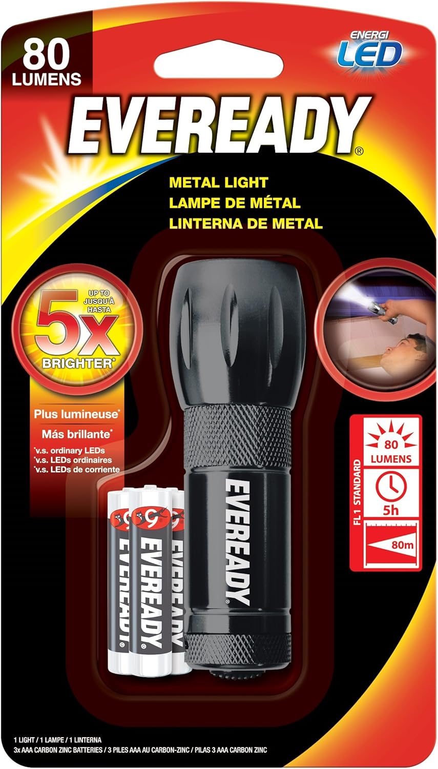 Eveready Compact LED Metal Flashlight​​​​ Water Resistant, Includes 3 Super Heavy Duty AAA Batteries, 21 Lumens , Black