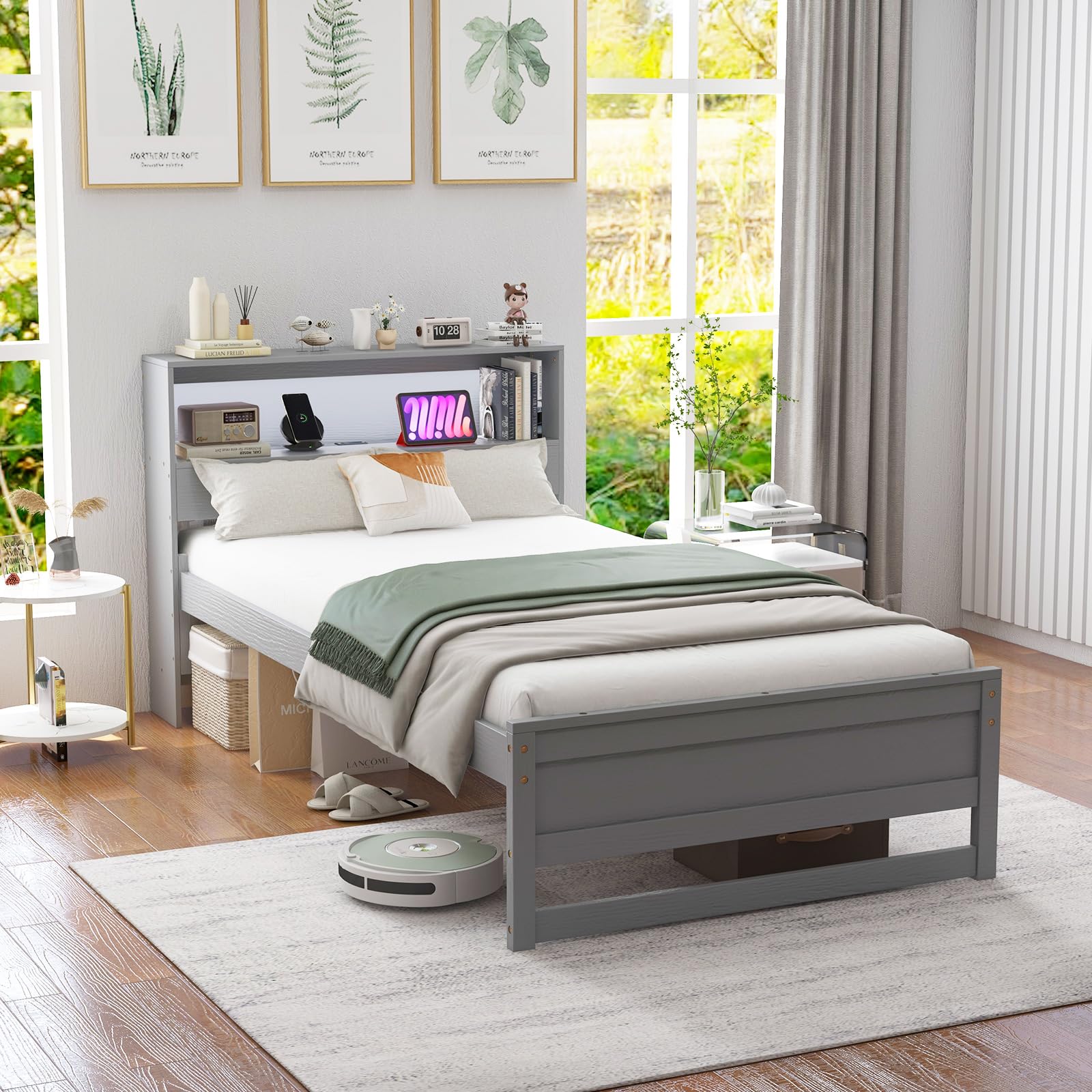 KOMFOTT Twin Size Wood Platform Bed Frame with Charging Station & LED Light, Platform Bed with Storage Headboard & 12” Under-Bed Space, No Box Spring