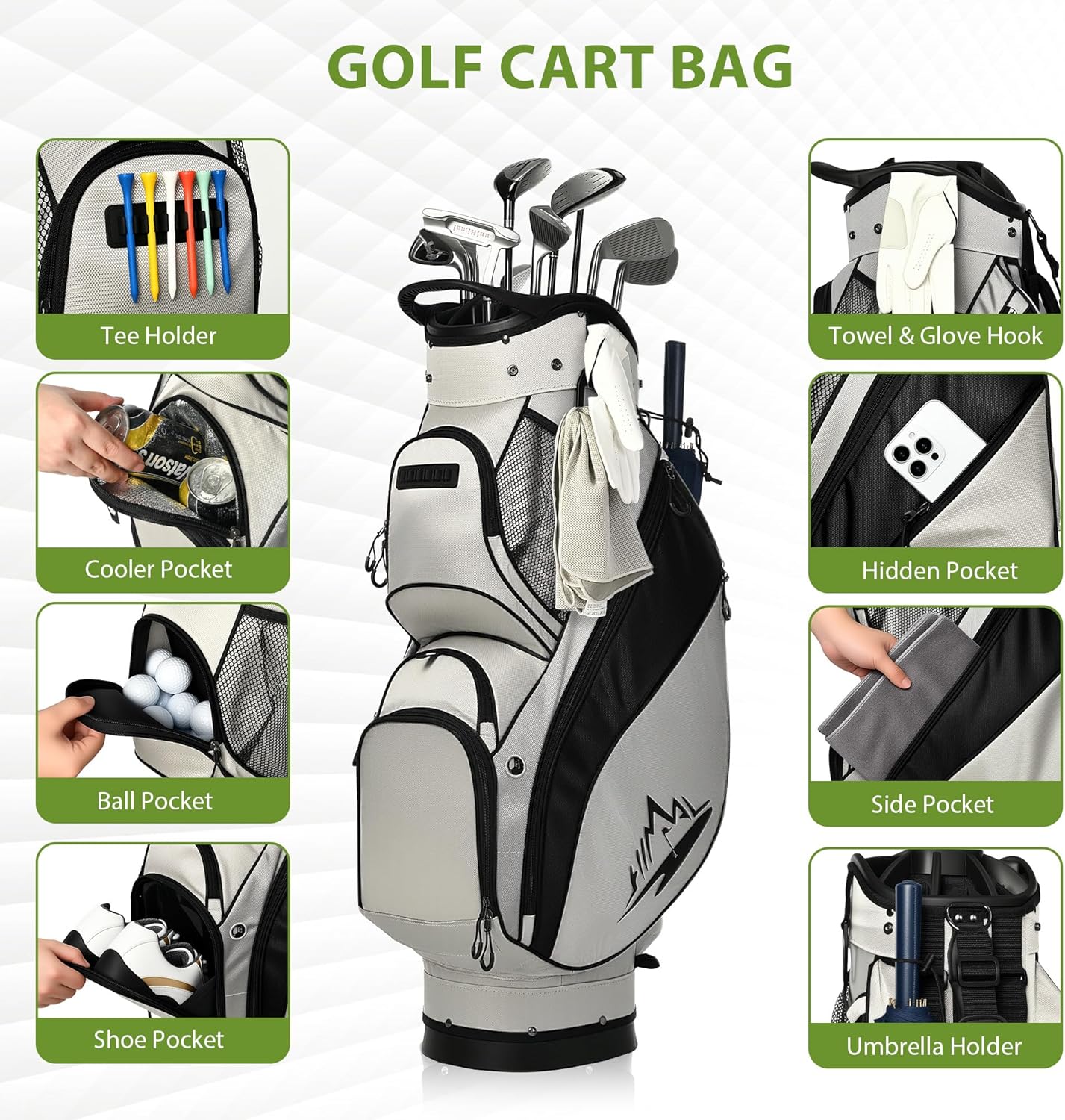 14 Way Golf Cart Bag with Organizer Divider Top,Premium Lightweight Silent Golf Club Bag for Men Women,Golf Bag with Cooler and Rain Cover