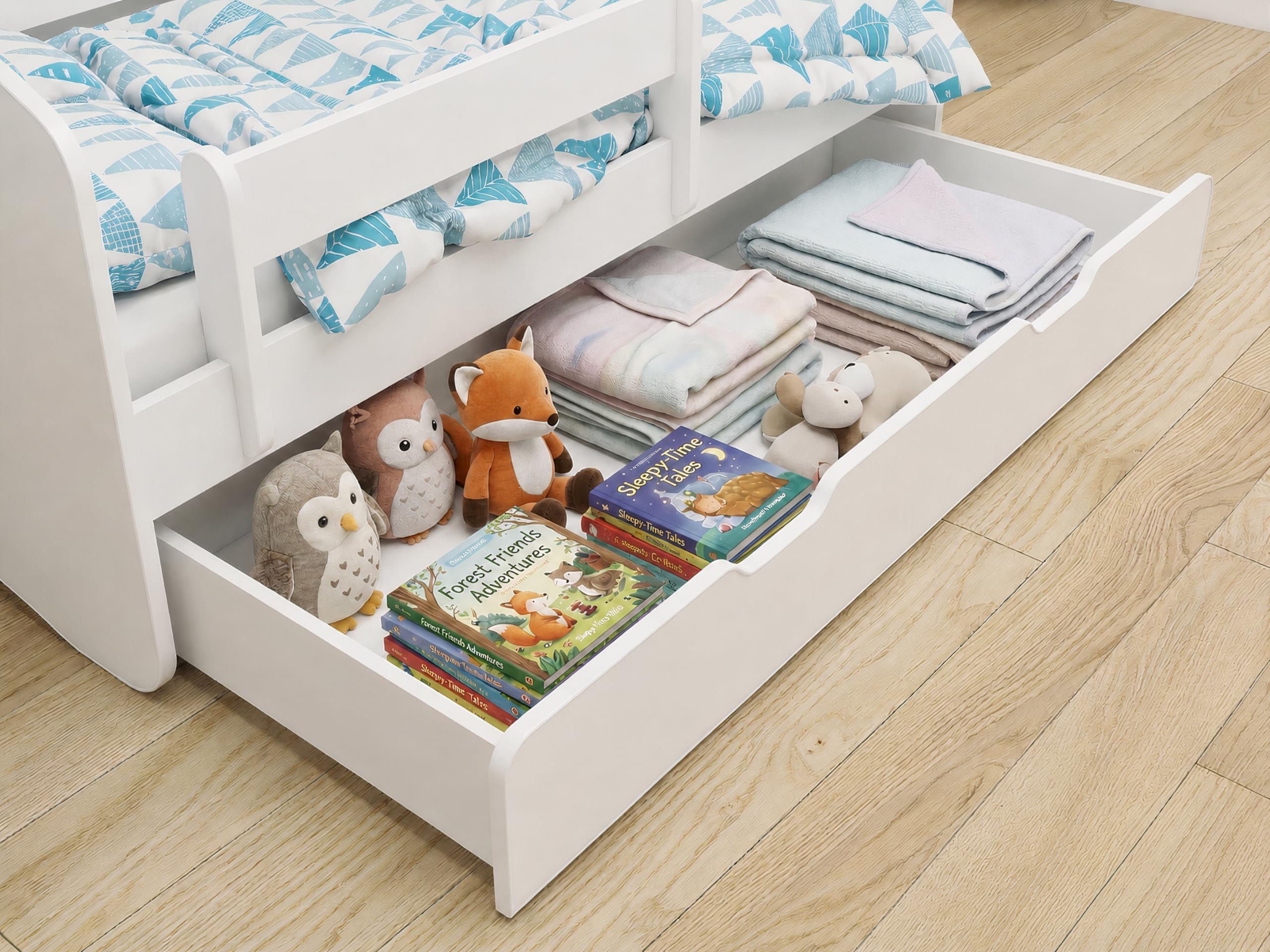 Cama infantil y juvenil Acma II con un cajón y colchón, color blanco blanco Weiß Talla:140x70 cm + Schublade