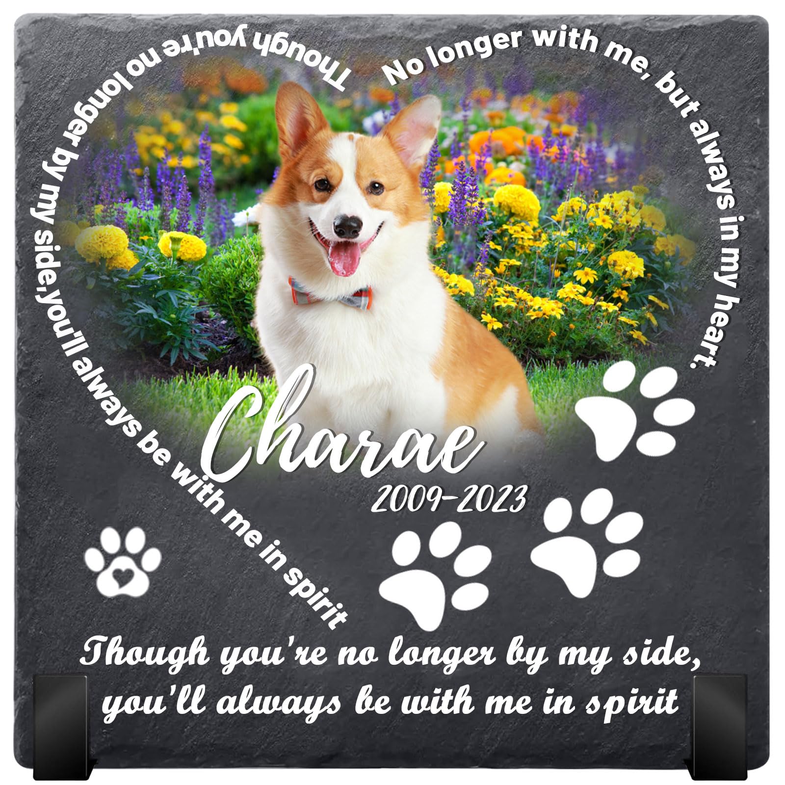 LIBKUR Personalised Pet Memorial Plaque -Dog Memorial Gifts with Photo, Name & Message,Pet Memorial Stones Dog Slate Keepsake Cat Memorial for Garden(Square-Design8)