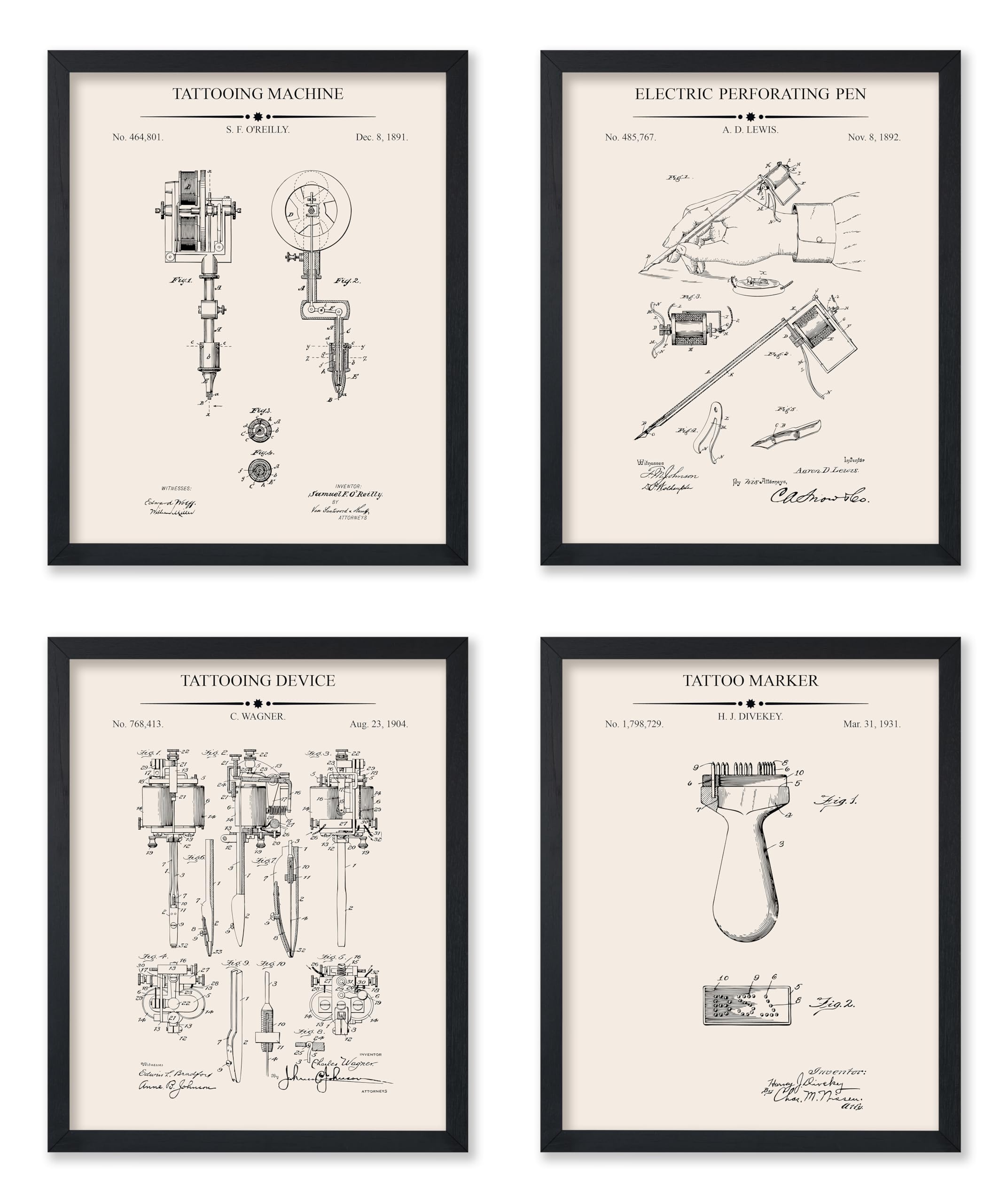 Poster Master 4-Piece Tattoo Blueprint Poster - Tattoo Machine Patent Print - Electric Perforating Pen Art - Tattoo Gun Art - Technical Drawing Art - Office or Studio Decor - 11x14 UNFRAMED Wall Art
