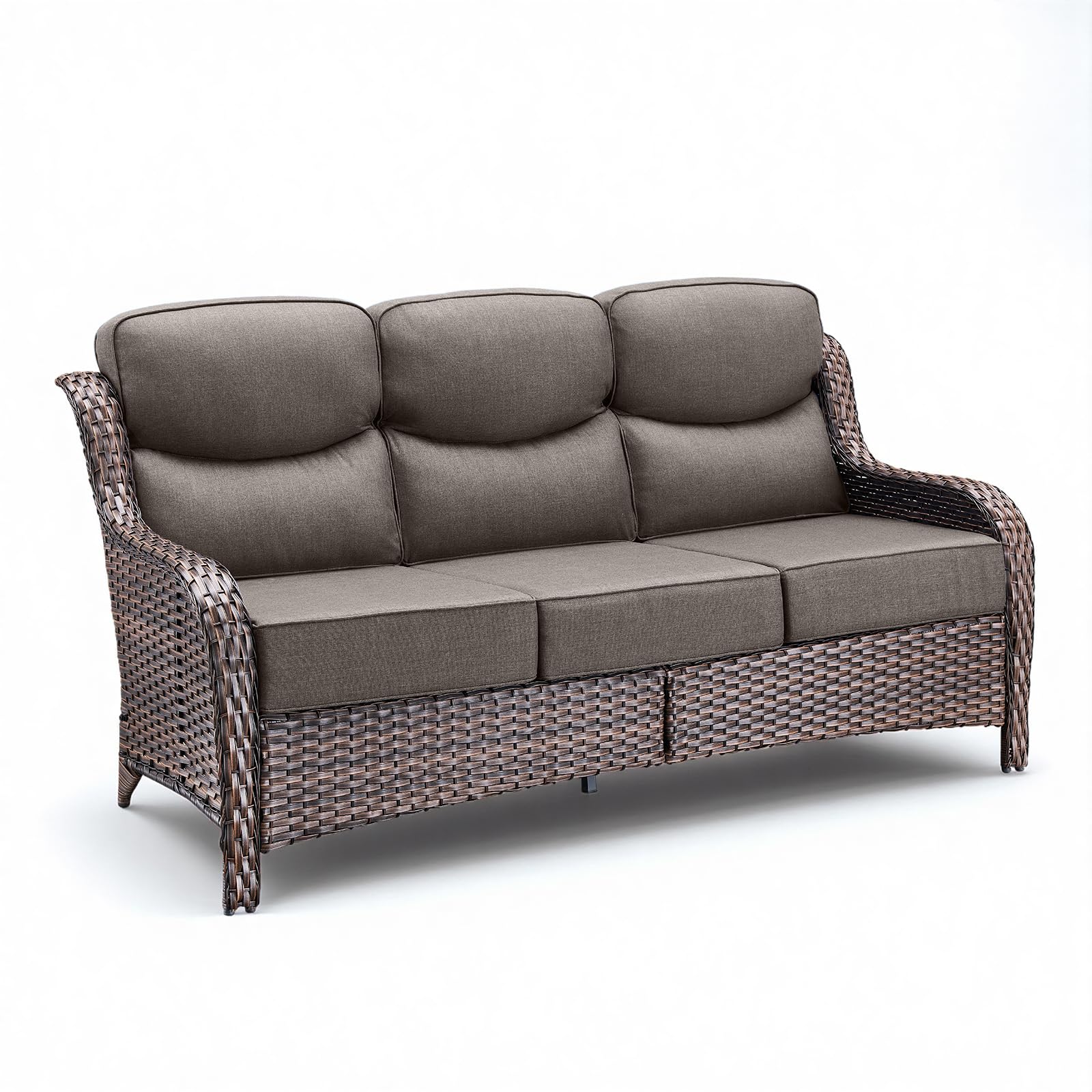 Wicker Patio Sofa with 6" Thick Cushions, All-Weather Outdoor Rattan Couch with High Backrest and Deep Seat, Outdoor Patio Sofas for Porch, Yard, Garden, Brown/Grey