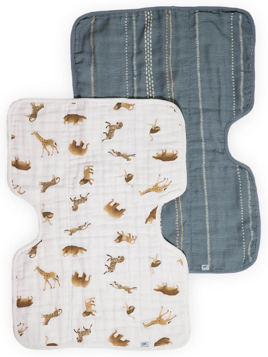 Little Unicorn 100% Certified Natural Organic Cotton Burp Cloth 2 Pack | Ultra-Absorbent & Soft Muslin Fabric | Larger Size & Ergonomic Design (Animal Crackers + Stillwater Stitch)