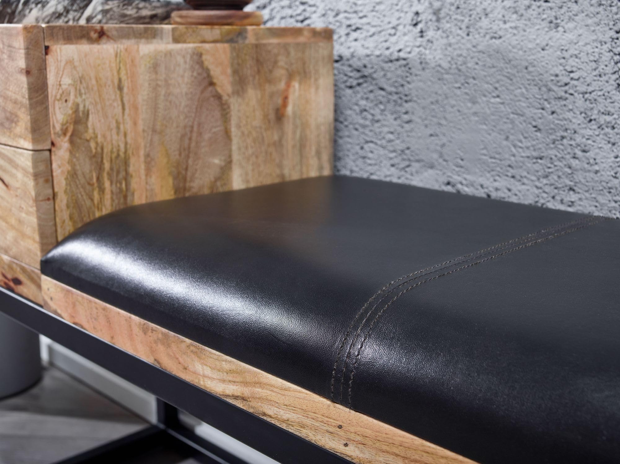 FineBuy Banc 100x35x60 cm Bois Massif Cuir Véritable Noir, Tiroir