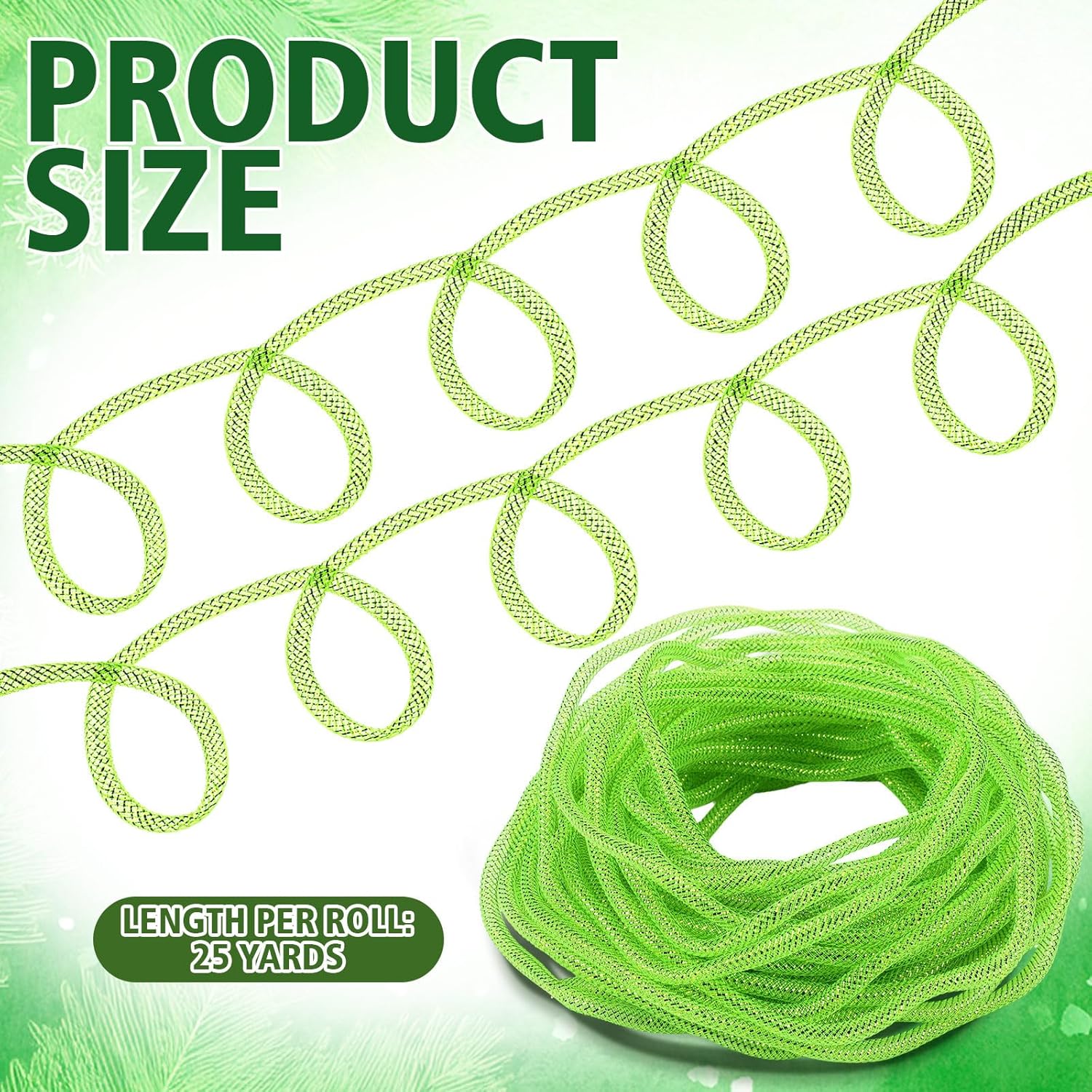 Condition photo showing New/Like New for 25 Yards Christmas Mesh Tubing for Crafts Lime Green Deco Mesh Tubing for Wreath 8 mm Metallic Foil Poly Tube Flexible Metallic Foil Ribbons for DIY, Gift Wraps, Christmas Tree Decor Red Green