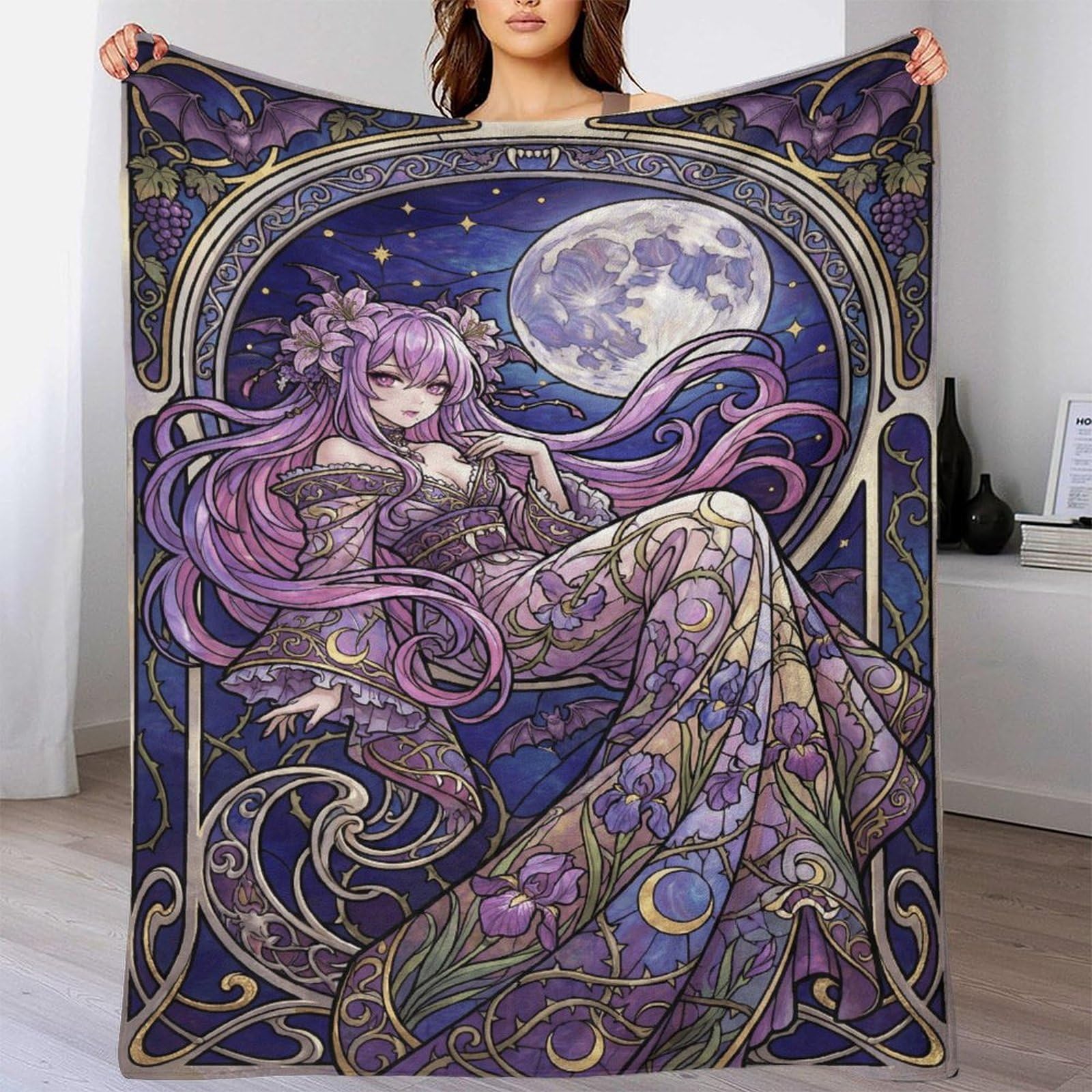 W7C8U2X3 Art Nouveau Mucha Anime Flannel Throw Blanket, Bedroom Sofa Couch
