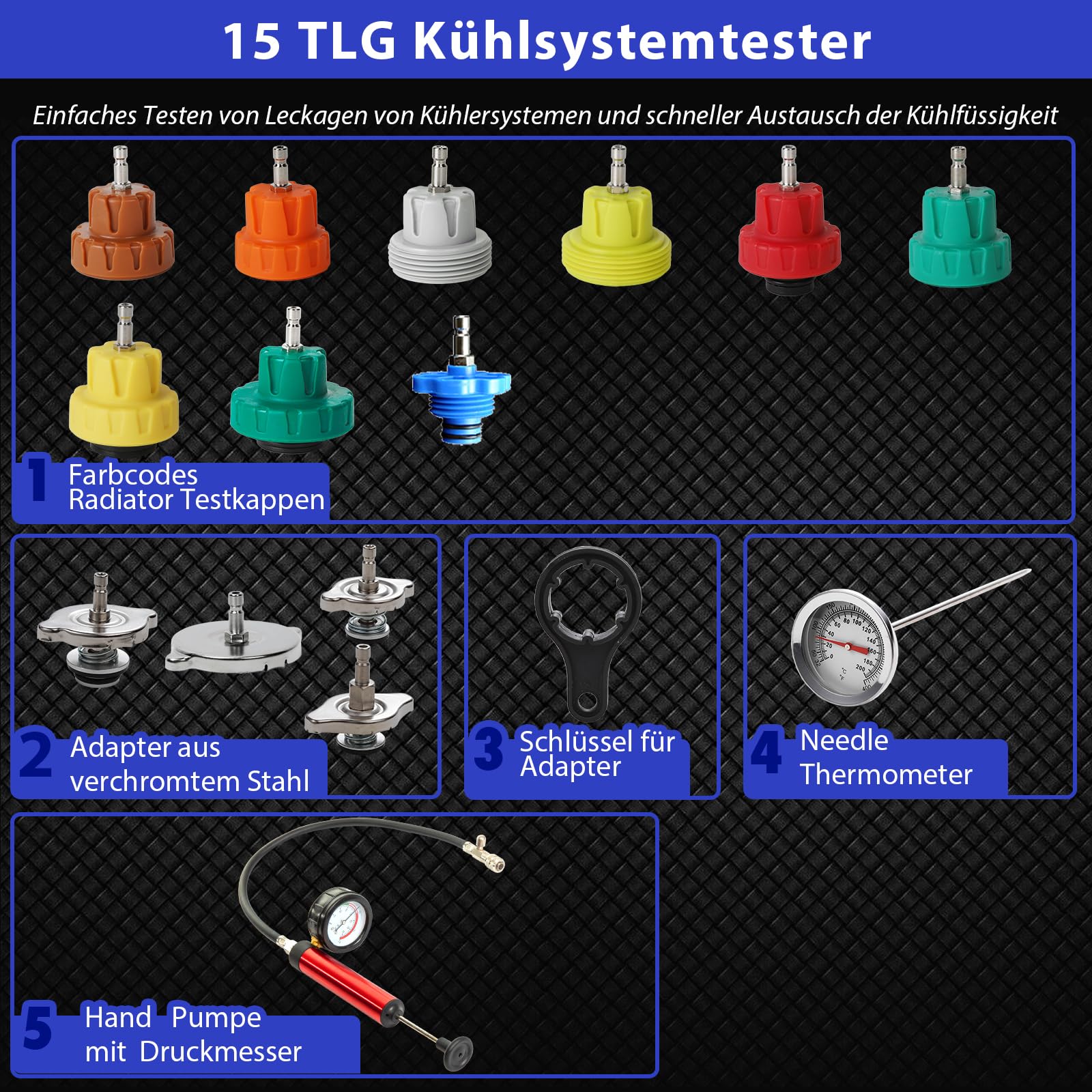 Kühlsystem Abdrückgerät Kühler Prüfgerät Kühlsystemtester Inklusive Füllsystem, Kühlmittel, Kühler, Testgerät, Testkoffer (15 TLG)