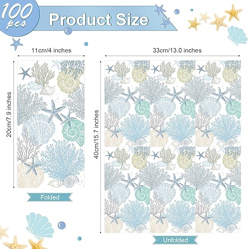 Miniatura 9 de Funrous 200 servilletas de conchas marinas a granel de 3 capas de verano para invitados, servilletas de mano con mar y océano, servilletas costeras