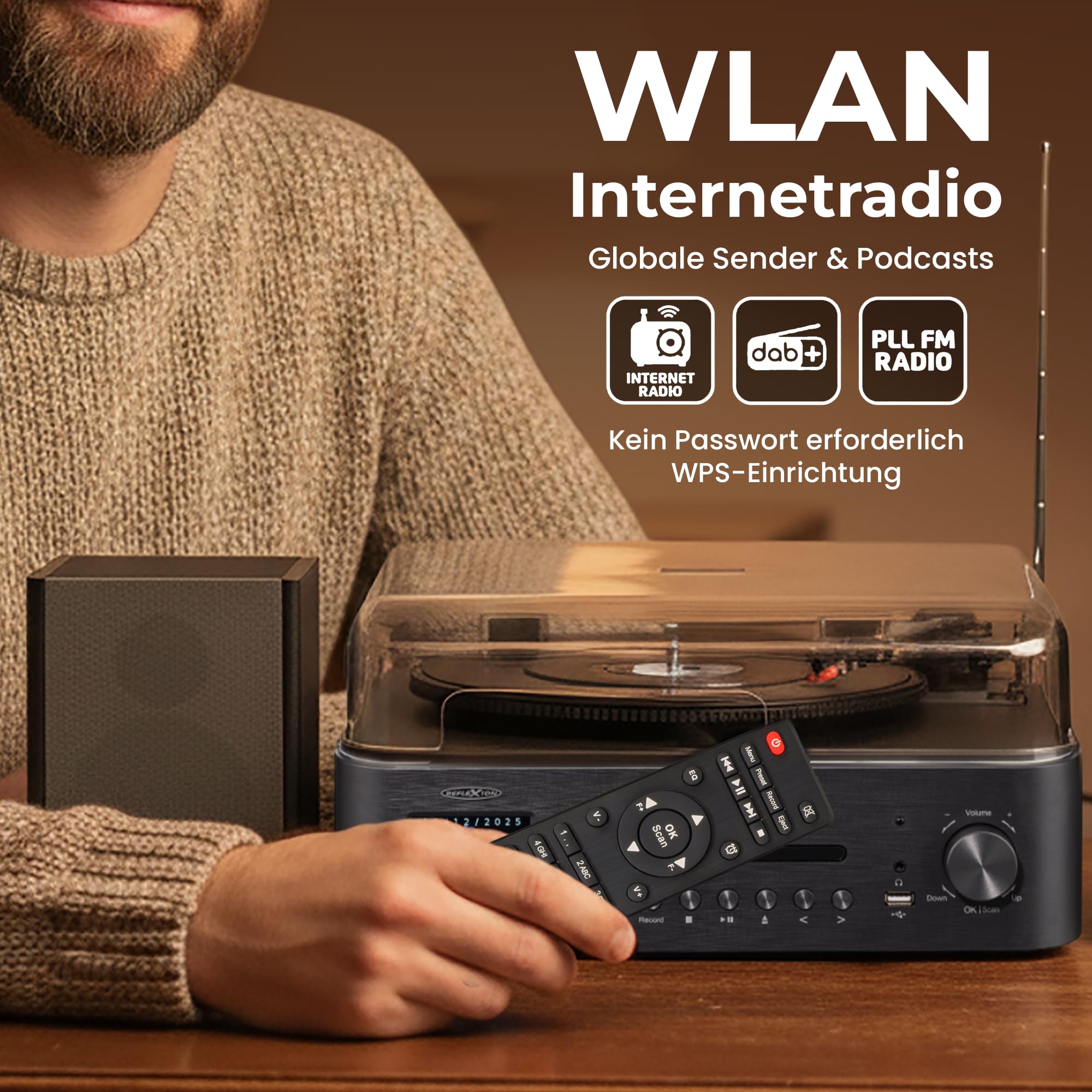 Reflexion Plattenspieler mit Lautsprecher & WLAN | Retro HiFi Anlage mit DAB+, Internetradio, Bluetooth, CD, USB-MP3 Aufnahme, Farbdisplay, Wecker & Sleep-Timer – Komplettsystem inkl. Fernbedienung