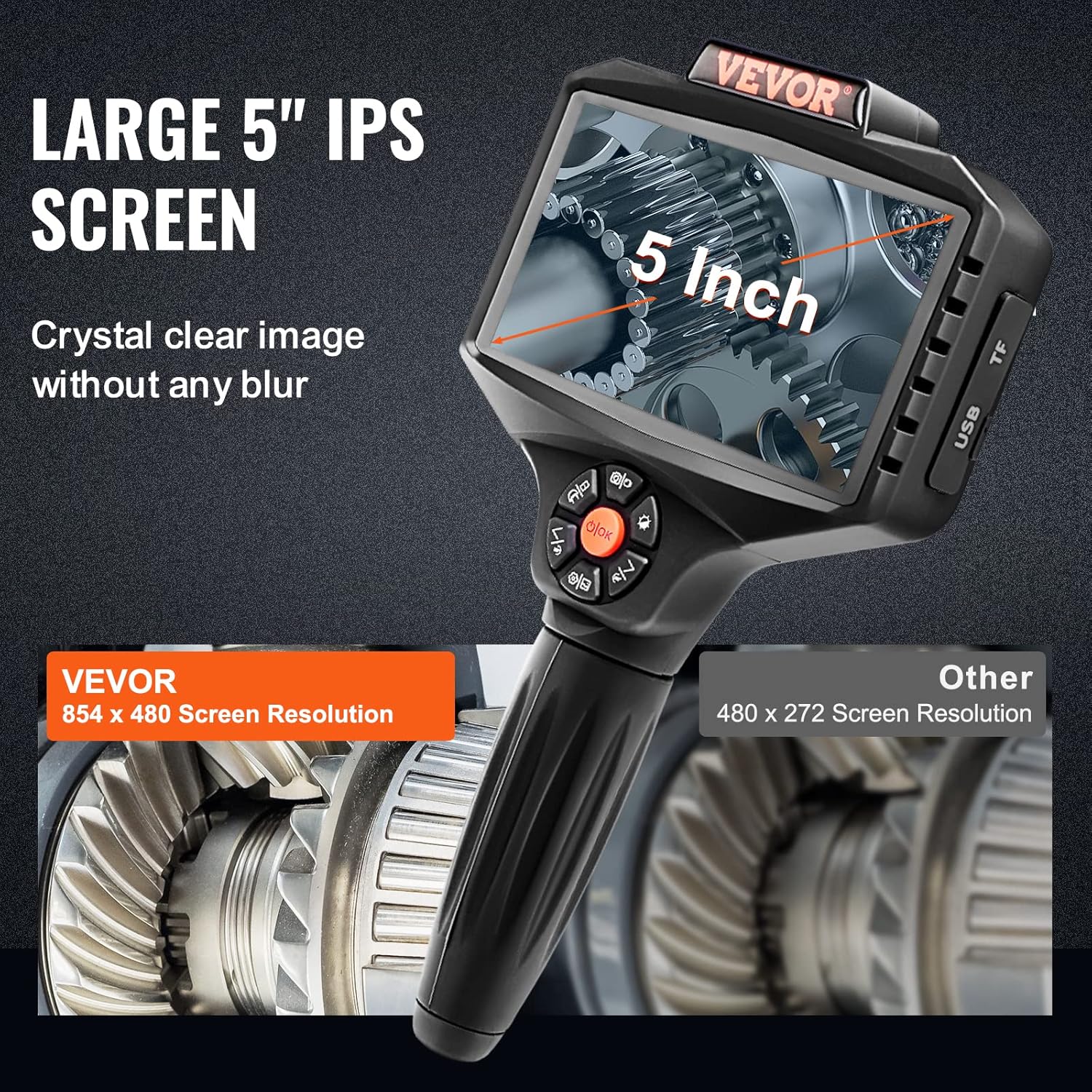 VEVOR Triple Lens Inspection Camera with Light, 5" IPS Screen Industrial Borescope, 8X Zoom 1080P HD Split Screen, 10 LED Lights Scope Camera for Automotive, Plumbing(16.5FT)