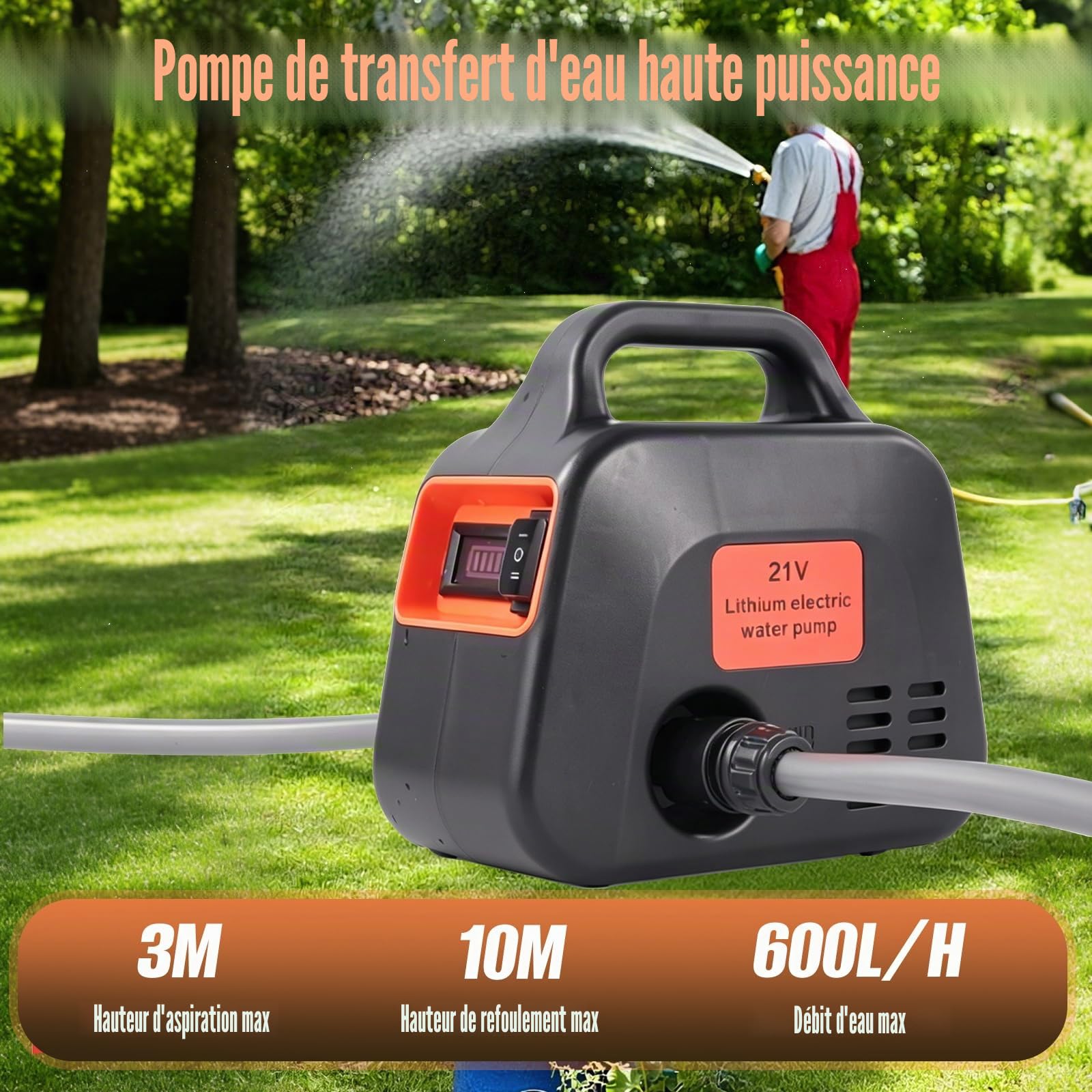 Pompe à Eau sur Batterie,600L/H Pompe de Jardin Sans Fil avec 2 Batteries,2 Vitesses,Pompe Arrosage électrique Inclus Buse 7 en 1,Pompe électrique Auto Amorçante Portable pour Maison,Piscine,Jardin