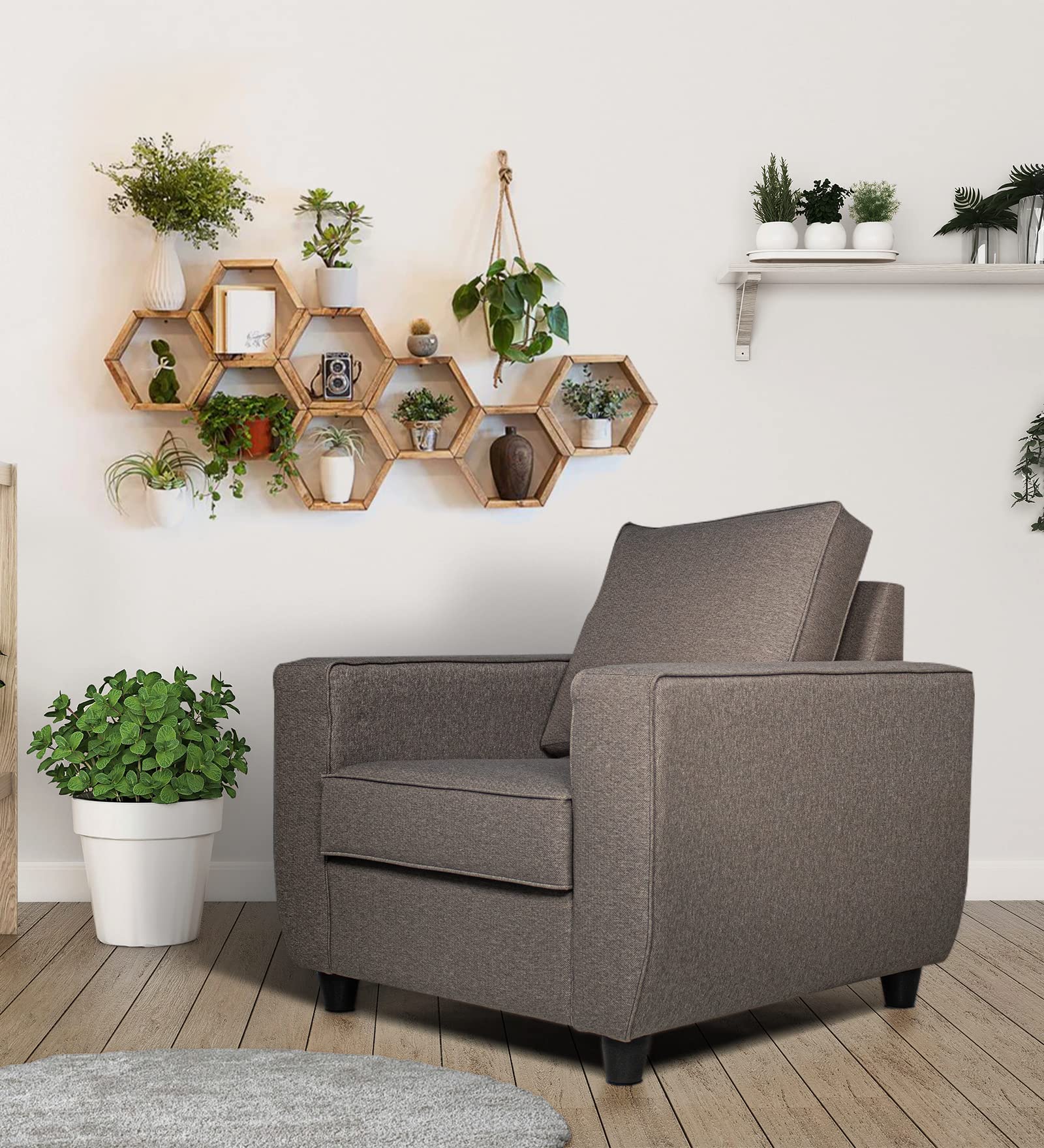 NEUDOT Rookie Sofa for Living Room |1 Person Sofa|Premium Fabric with Cushioned Armrest | 1 Year Warranty|Solid Wood Frame|1 Seater in Yessica Charcoal Color