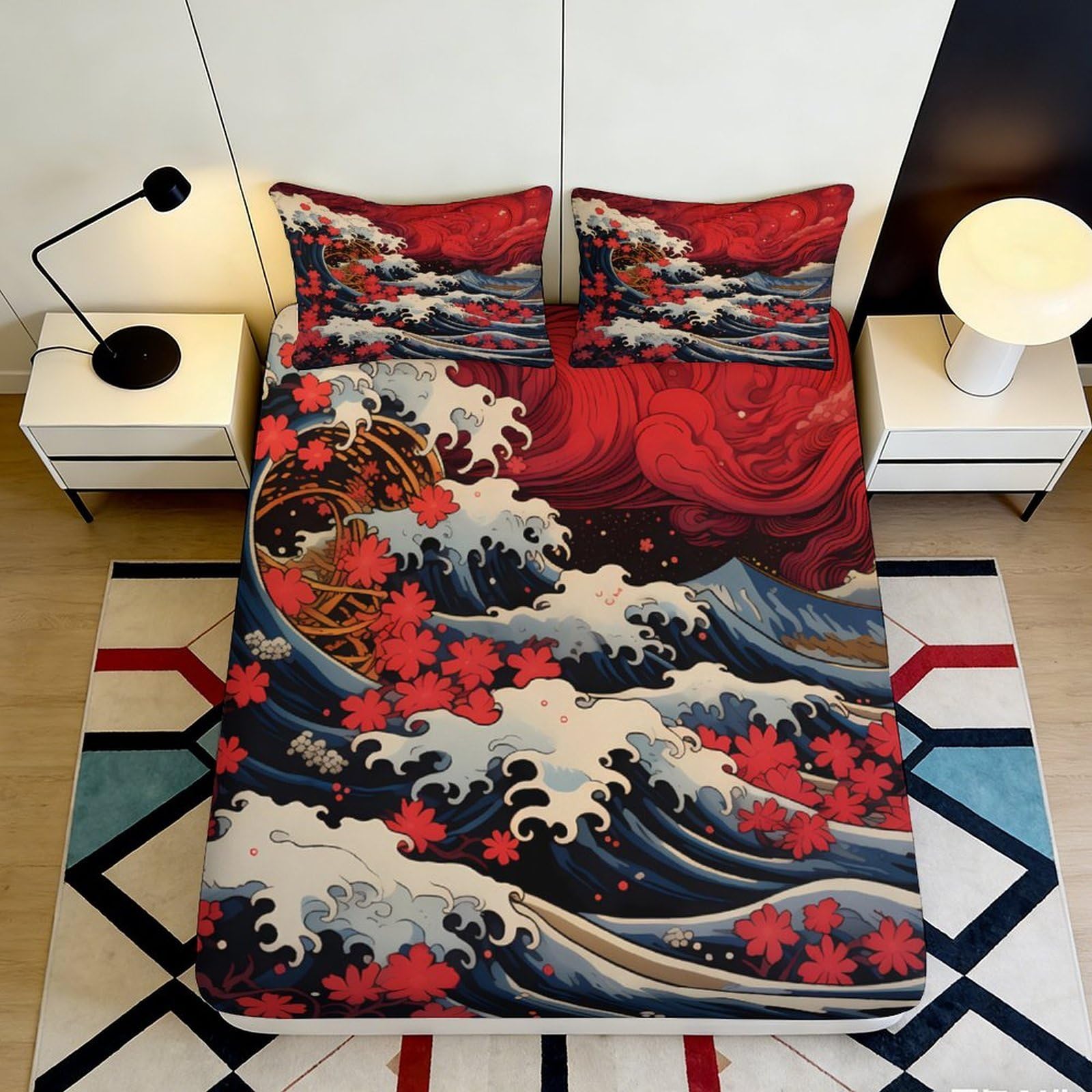Pnayamiorkfel Style-3 3D Printed Japanese Wave Fitted Sheet Microfiber Floral Red Artistic Mattress Cover Bedroom Decor Dustproof 90X200x25cm