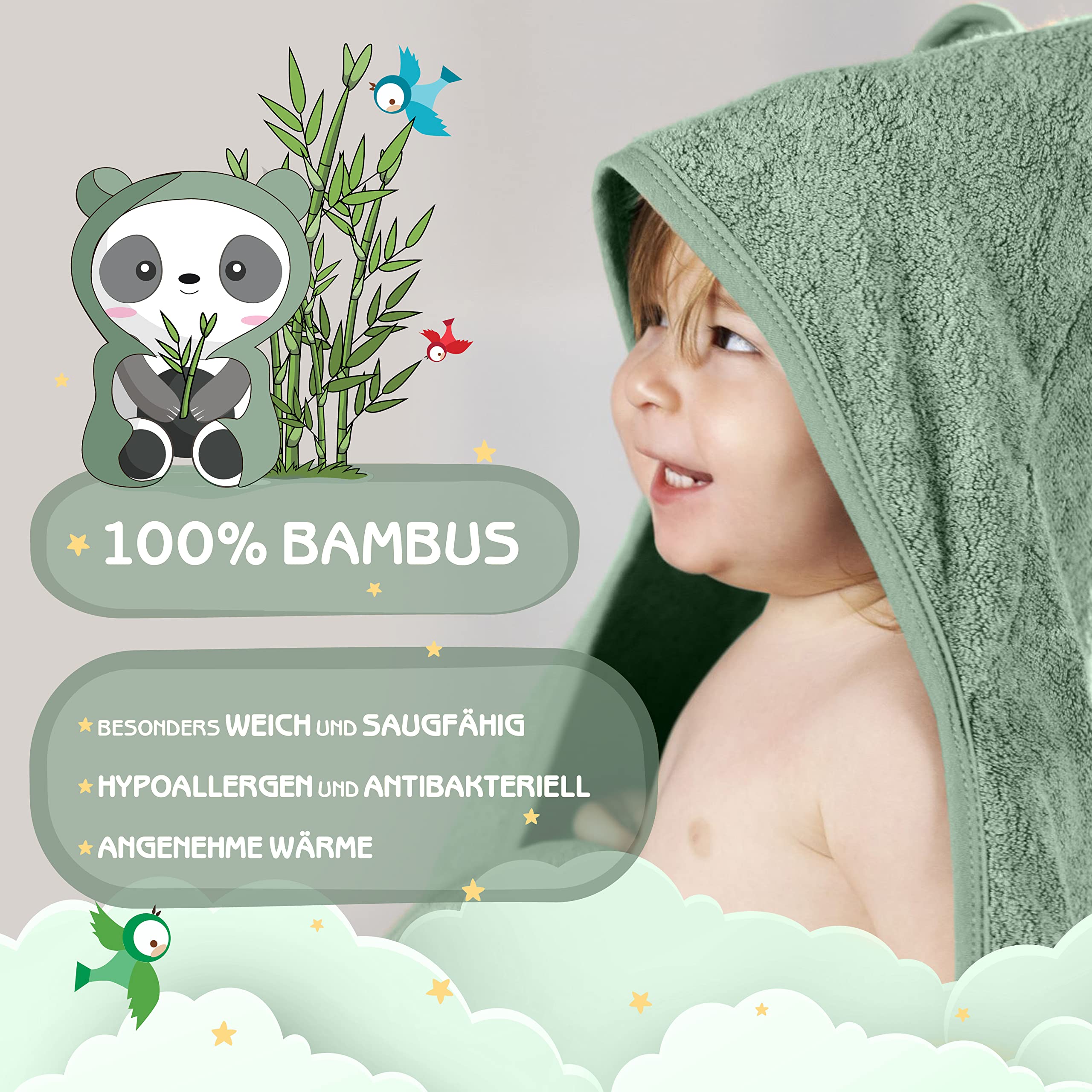 Ti TIN Asciugamano Con Cappuccio Per Bambini 100x100 Cm – Orso Panda Azzurro, Cotone Spugna - 4