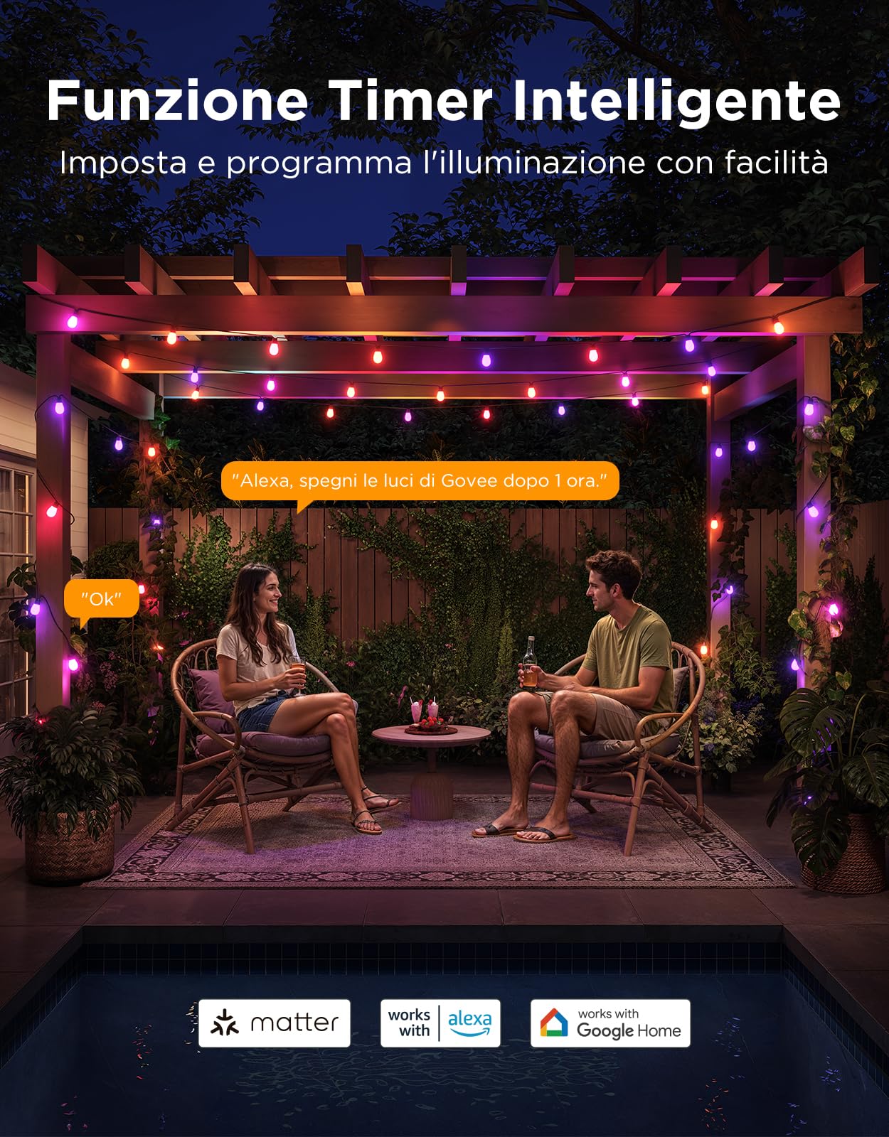 Govee Catena Luminosa Esterno, 15M Lampadine LED RGBIC Bianco Caldo, Controllo APP WiFi con Alexa Luci da Esterno, IP66 Impermeabile, 111 Modalità di Scena, Adatto per Giardino, Balcone, Gazebo