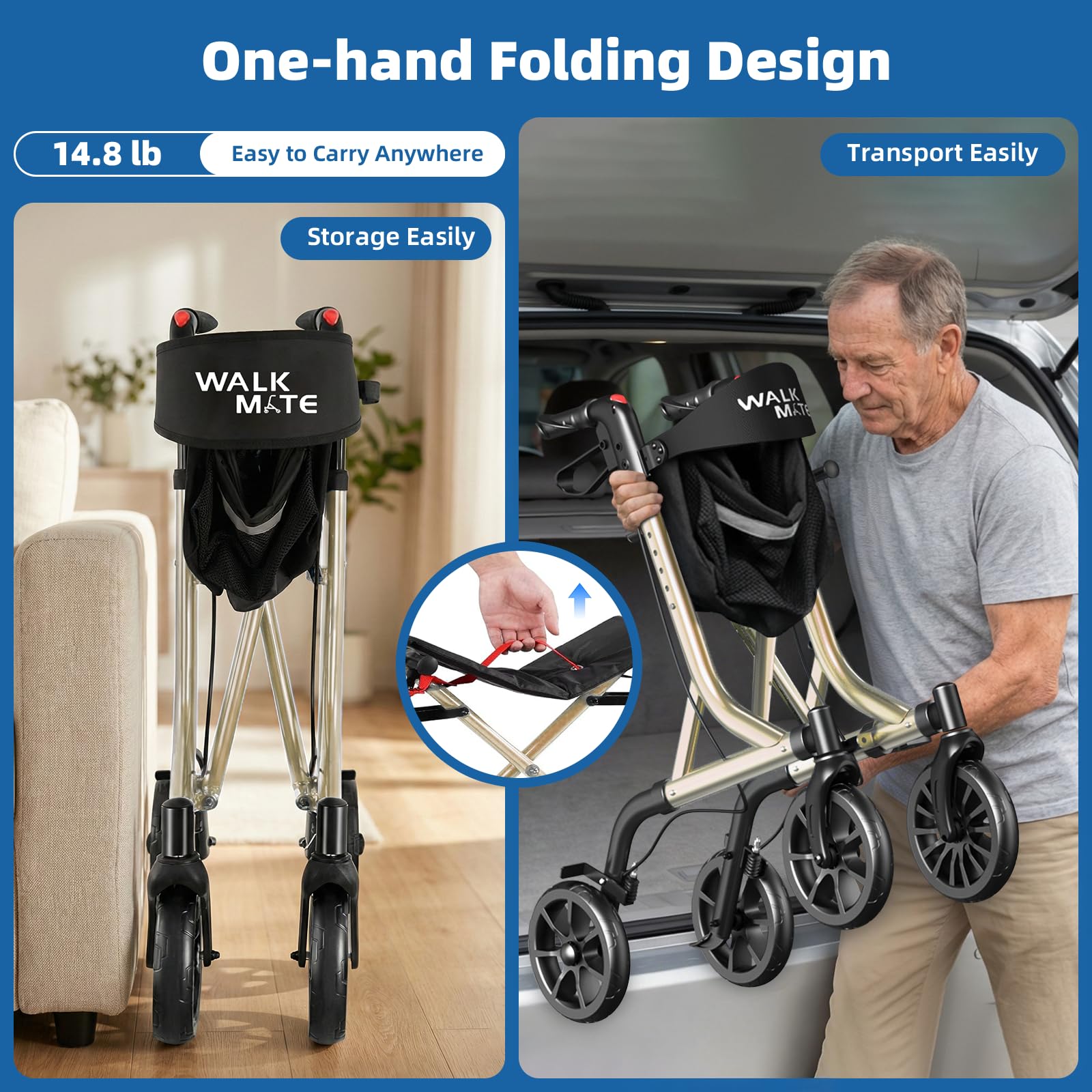 Walk Mate Deambulatore Rollator Pieghevole e Leggero con Seduta - Compatto per Spazi Ristretti, Regolazione Ergonomica dell'Altezza 150-190 cm, Ruote All-Terrain, Solo 6,7 kg