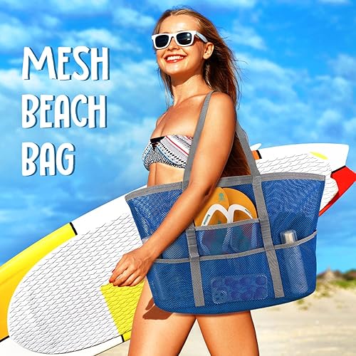 Miniatura 5 de Ayieyill Bolsa de playa de malla para mujer, bolsa de playa plegable grande con bolsillos con cremallera, impermeable, a prueba de arena