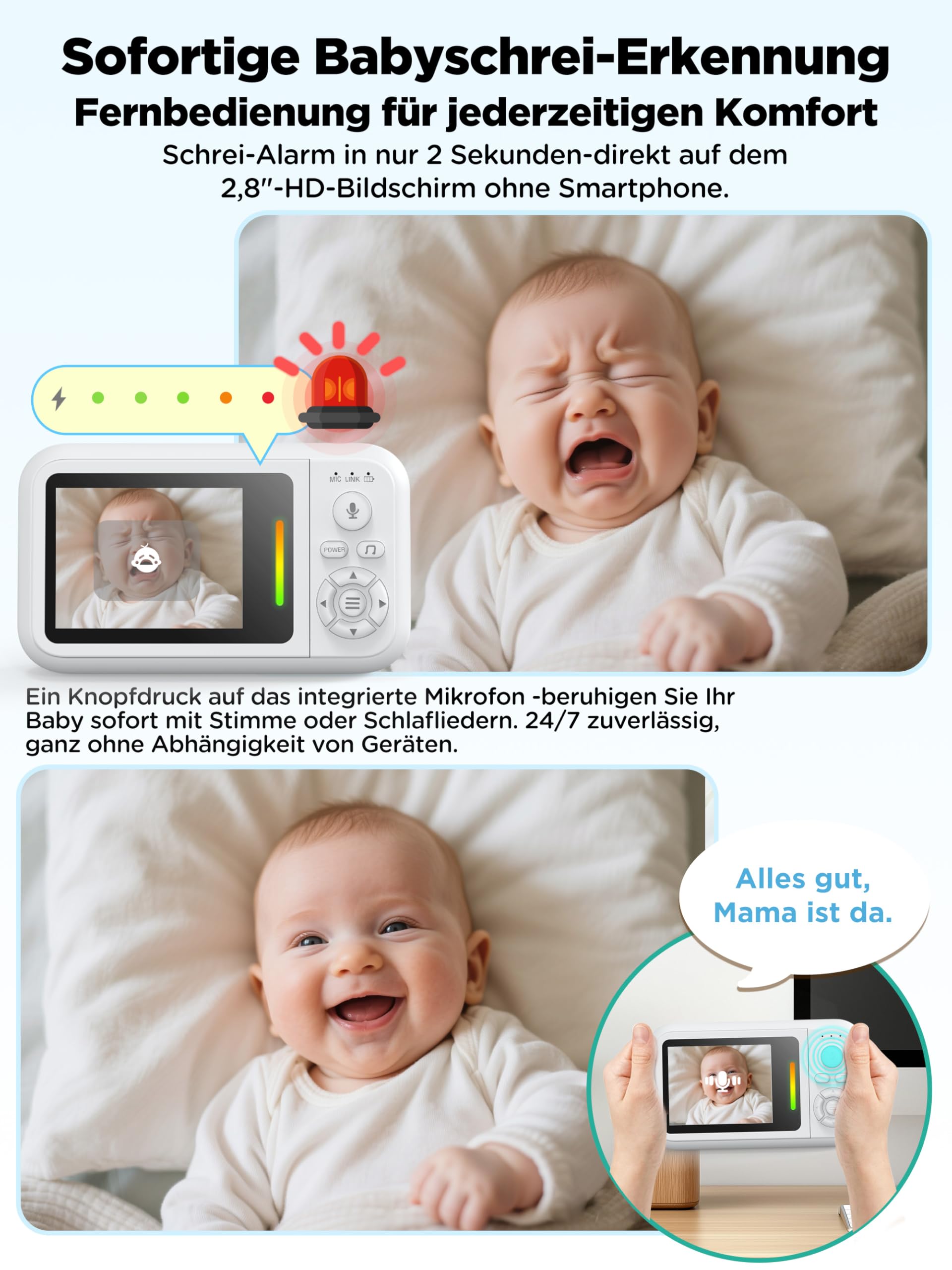 NUOTUN Babyphone mit Kamera Ohne WLAN, Tragbares Baby Kamera Monitor mit Halterung & Bettclip, Zwei-Wege-Audio, Sichere 2,4GHz, Nachtsicht, VOX-Modus, Temperatursensor, 4X Zoom, Timer, Schlaflieder