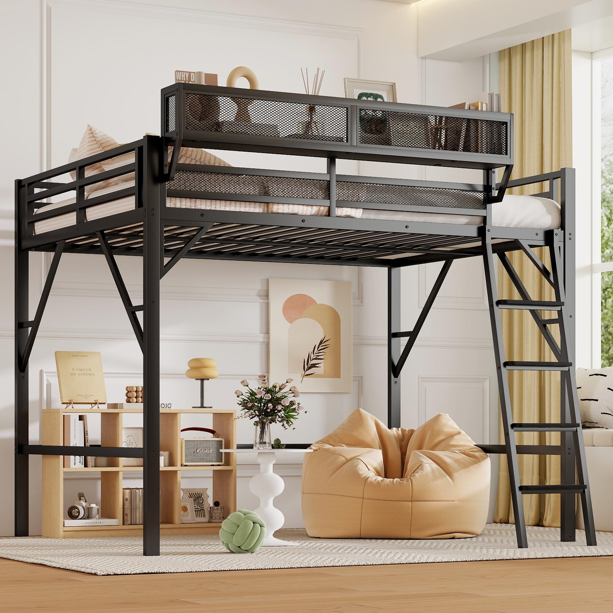 Mirightone Queen Size loft Bed with A Long Shelf, Metal Loft Beds with Wide Ladder Rungs, Heavy-Duty Tall Loft Bed Frame for Kids Boys Girls Teens