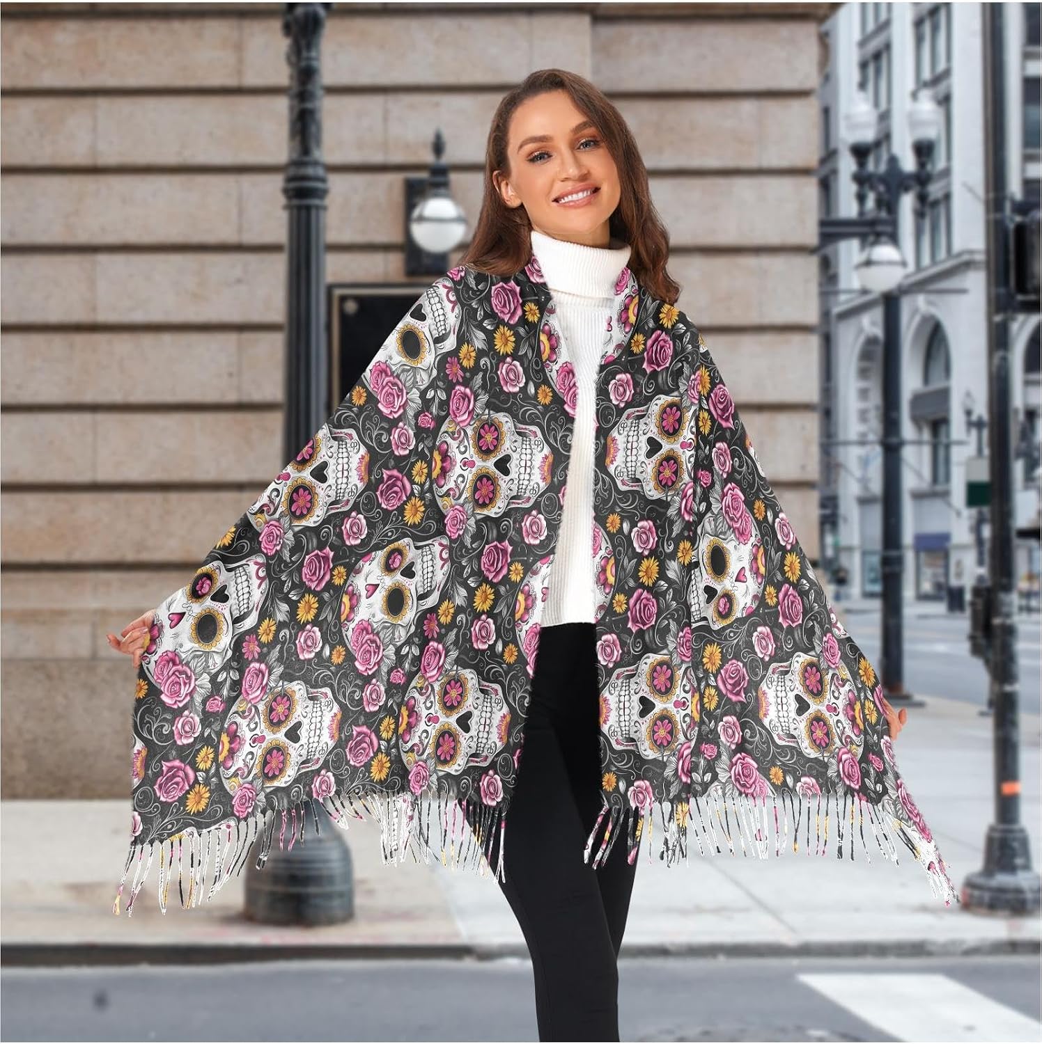 Winter Scarf for Women Skeleton Pink Yellow Flower Fashion Tassel Shawl Wraps for Women, Cold Weather Warm Womens Scarves Soft Long Scarf Gifts