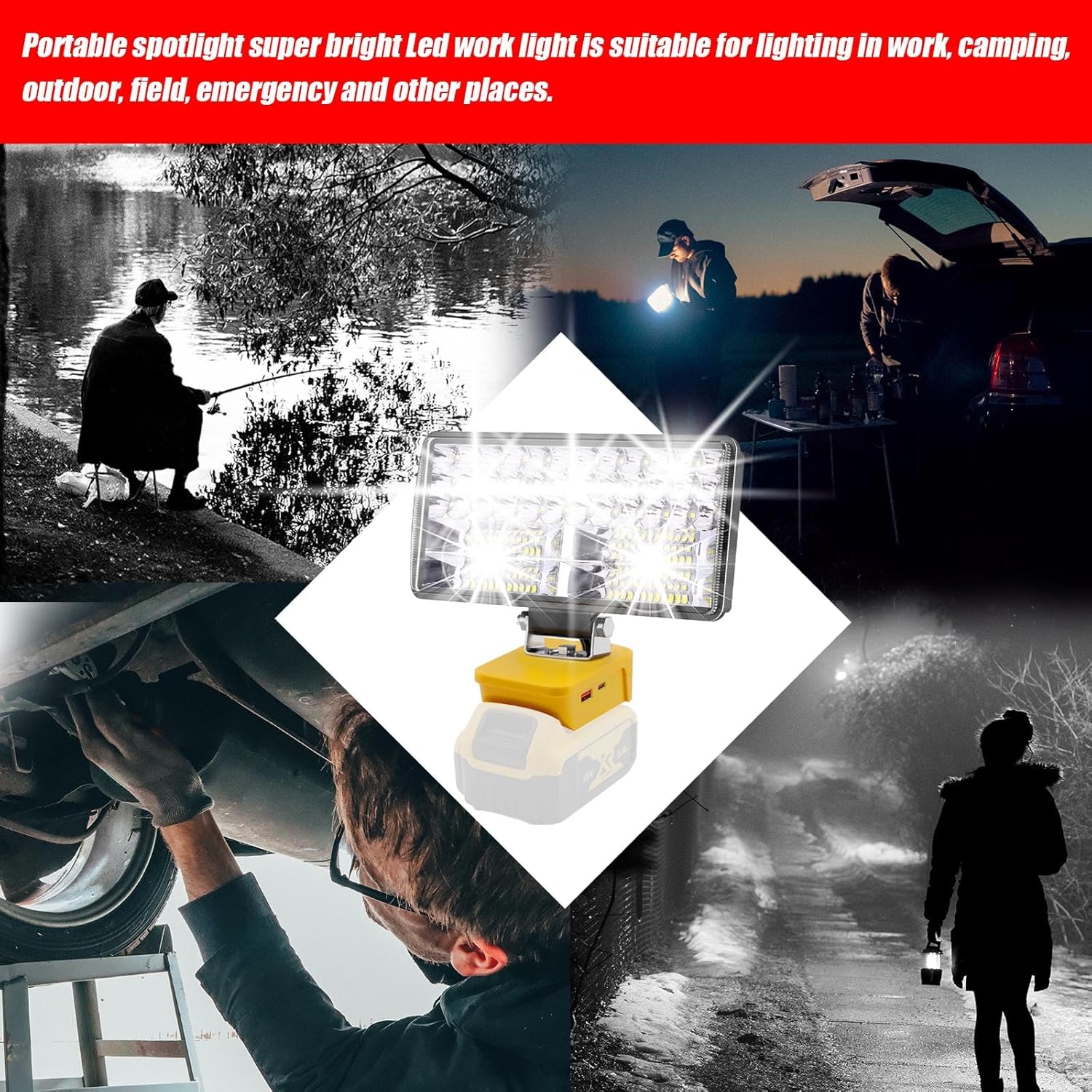 Max 6000LM LED Work Light Compatible with DeWalt 20V Battery - 2 Brightness Adjustable Battery Light with USB/Type-C Charging Port, Portable Flood Light for Emergency, Camping, Job Site Lighting