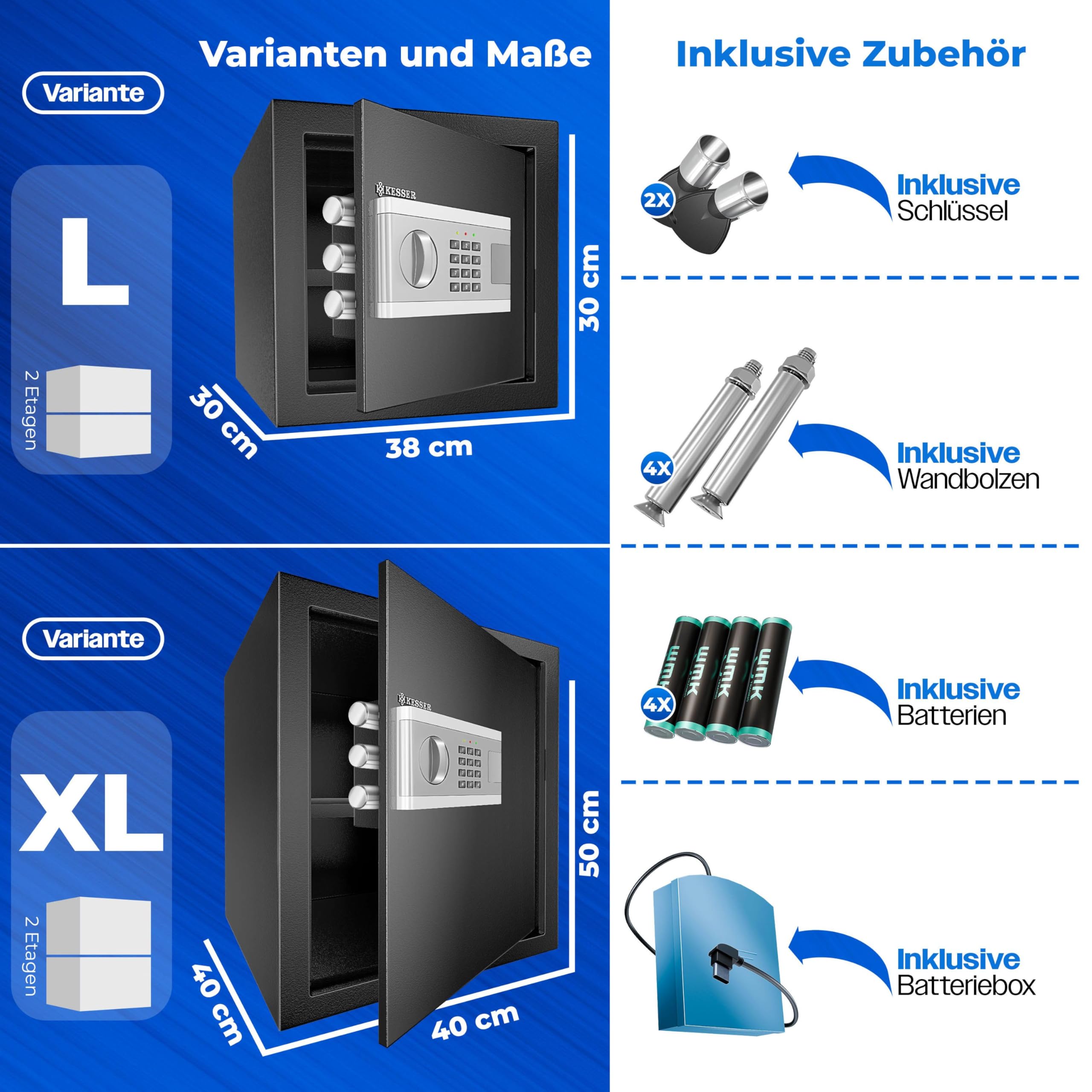 KESSER Elektroniczny sejf cienny | 31 x 20 x 20 cm | 3 x podwjna blokada bolca | owietlenie wewntrzne | szafka pancerna