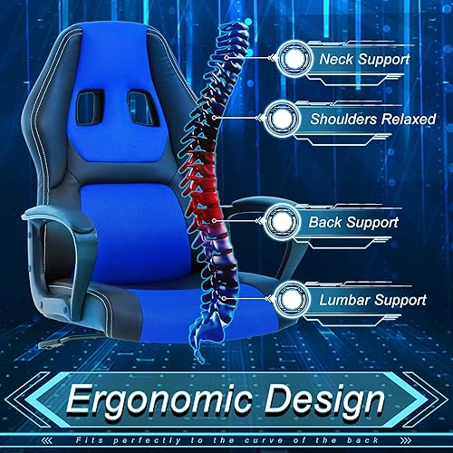 Miniatura 4 de Silla Gamer Silla ergonómica de carreras, silla de masaje de cuero azul para adultos y niños