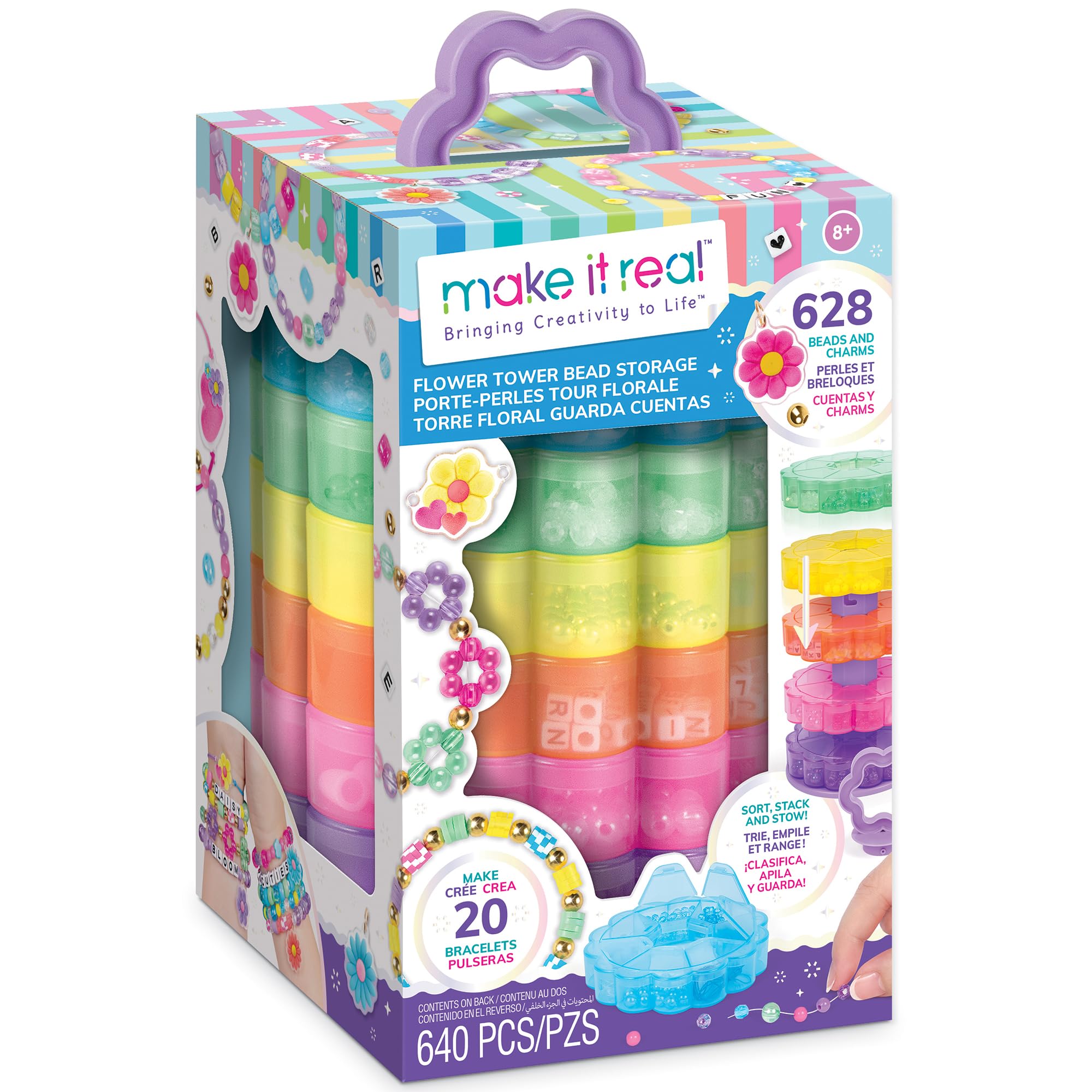 Make It Real: Tour de fleurs de rangement pour perles – DIY 20 bracelets, rangement coloré à 7 niveaux, 628 perles, design-create-wear, trie-stack-stow, enfants 8+