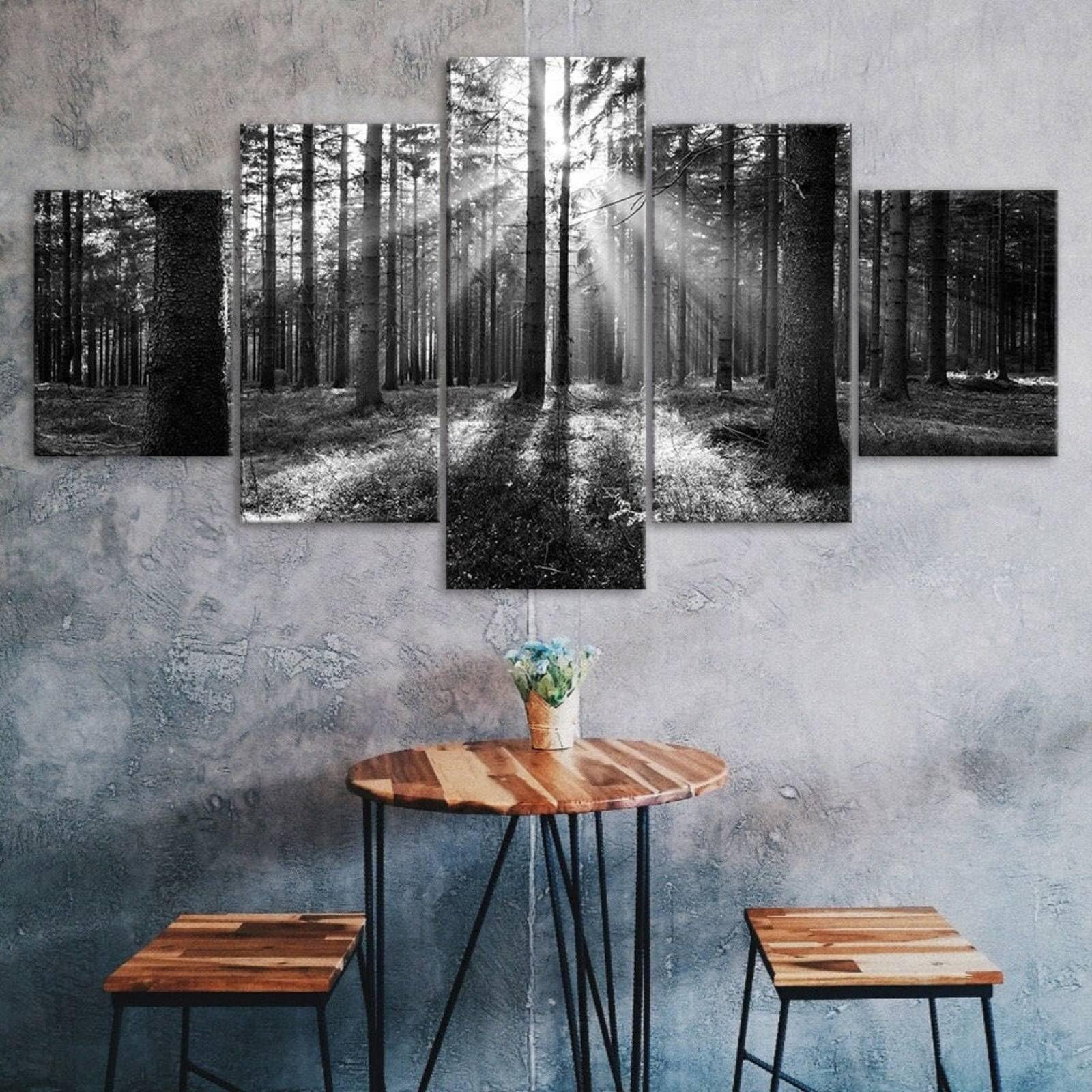 5 piezas de lienzo de arte de pared,5 piezas lienzo Escena de rayos de sol de árboles de bosque en blanco y negro,5 piezas cuadro lienzo,Cuadros Decoracion Salon 5 Piezas Cuadro sobre Lienzo 150x80cm